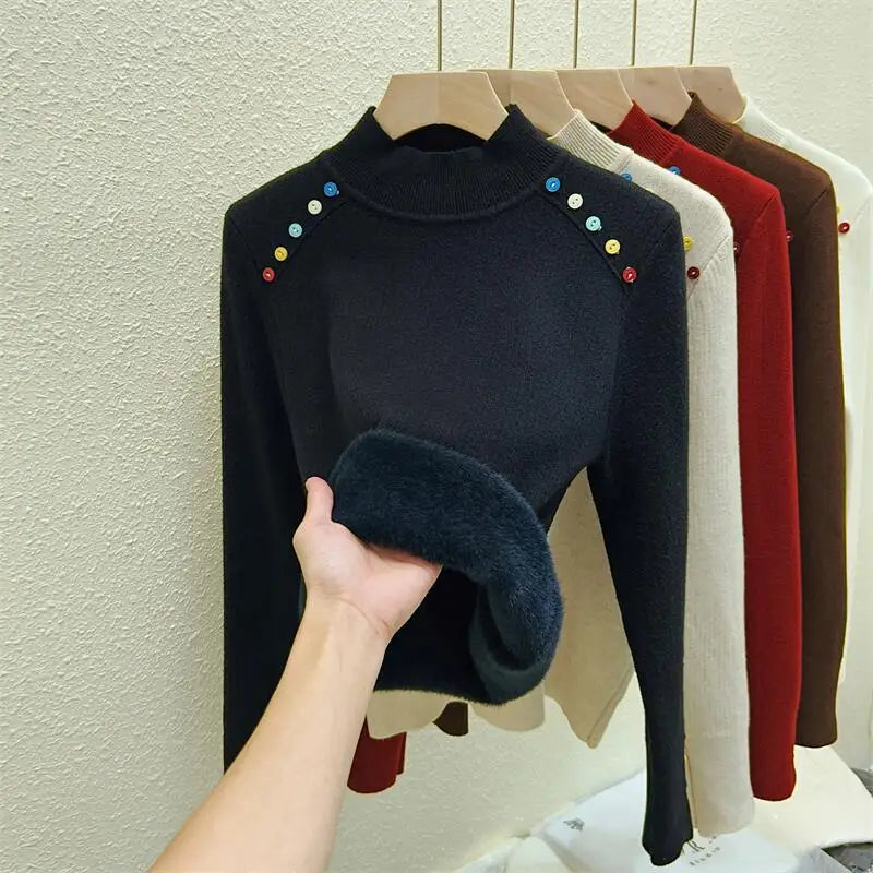 Women's Solid Color Velvet Button Sweater - Korean Fashion Warm Knitwear Long Sleeve Pullover Top for Autumn Winter | Cozy Thick Festival Wear for Holiday Parties & Casual Outings