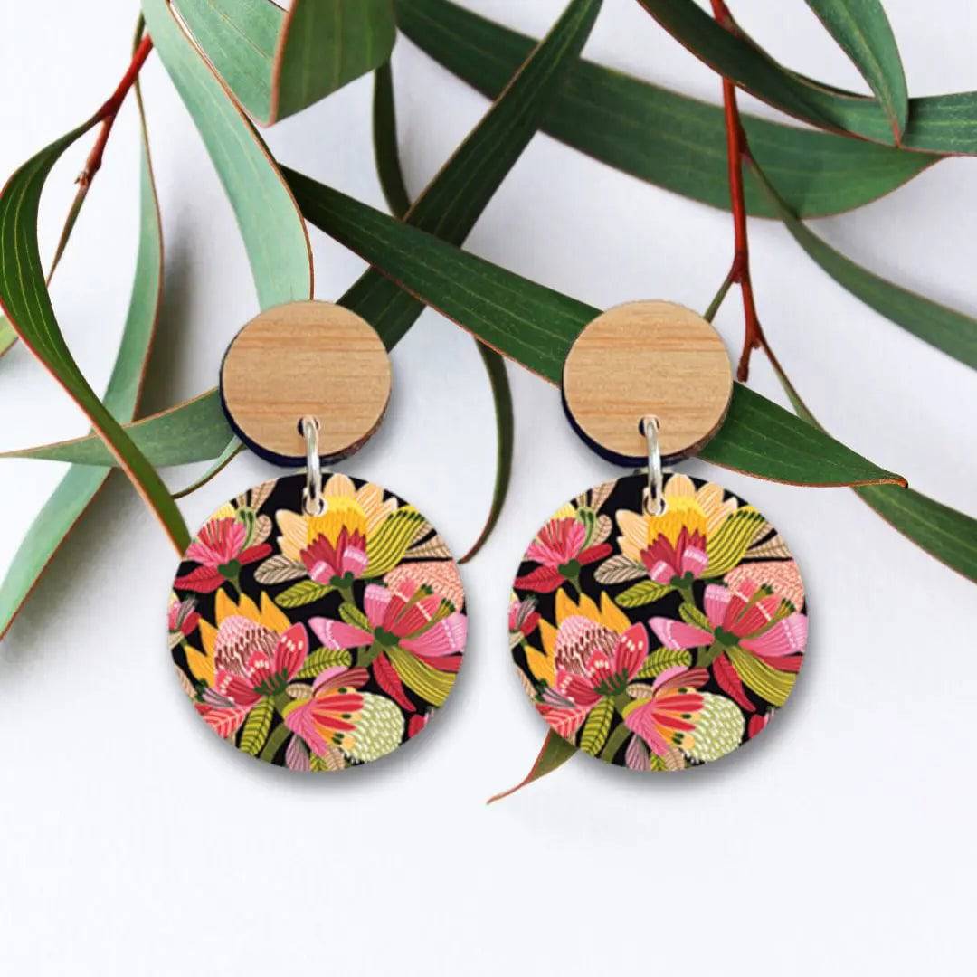 Wild Proteas Australian Wooden Earrings - Handmade Boho Dangle Earrings for Women - Perfect for Festivals, Weddings & Boho Fashion