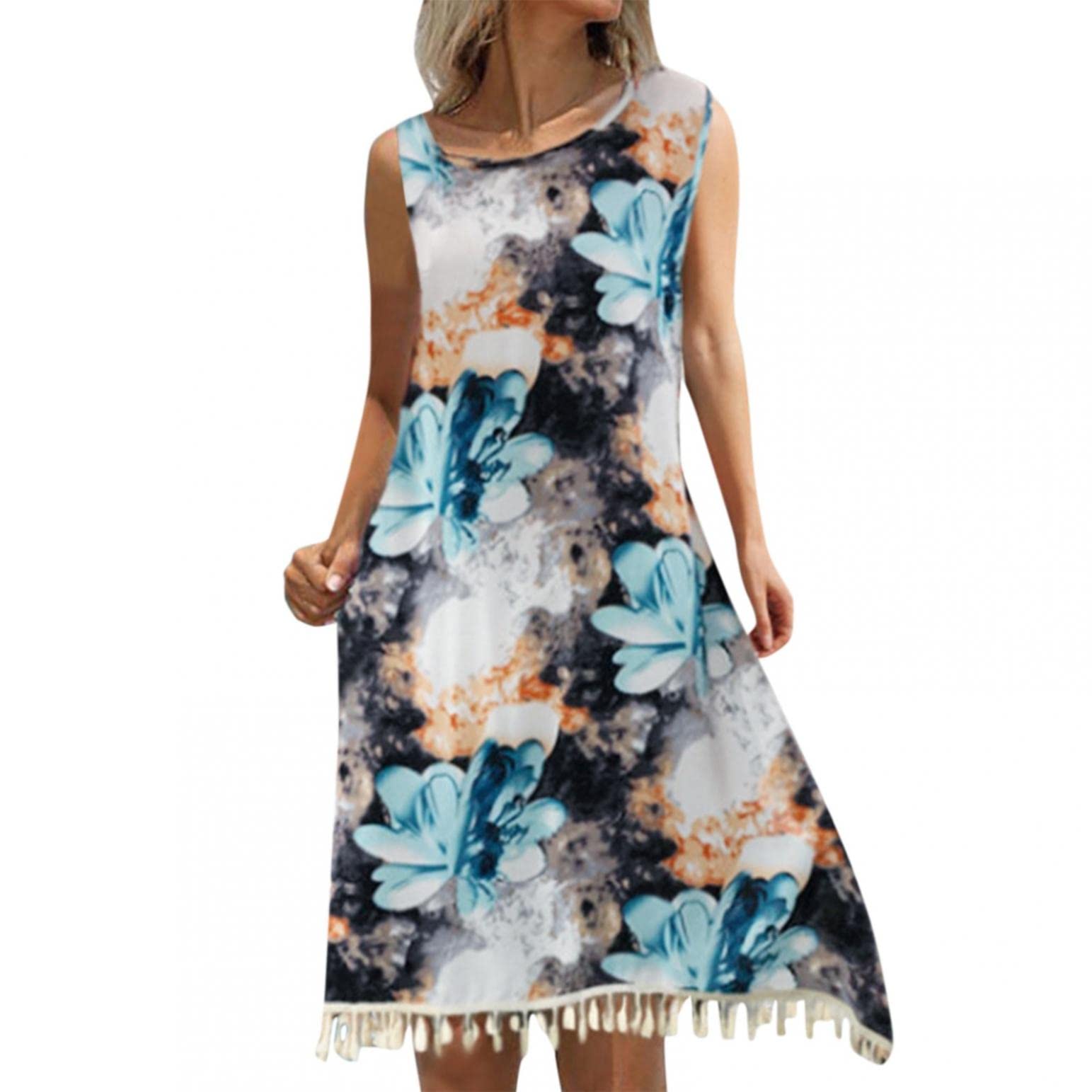 Changeshopping Women's Floral Print Sleeveless Casual Dress with Tassel Trim - Perfect for Summer Outings, Beach Vacations & Boho Style