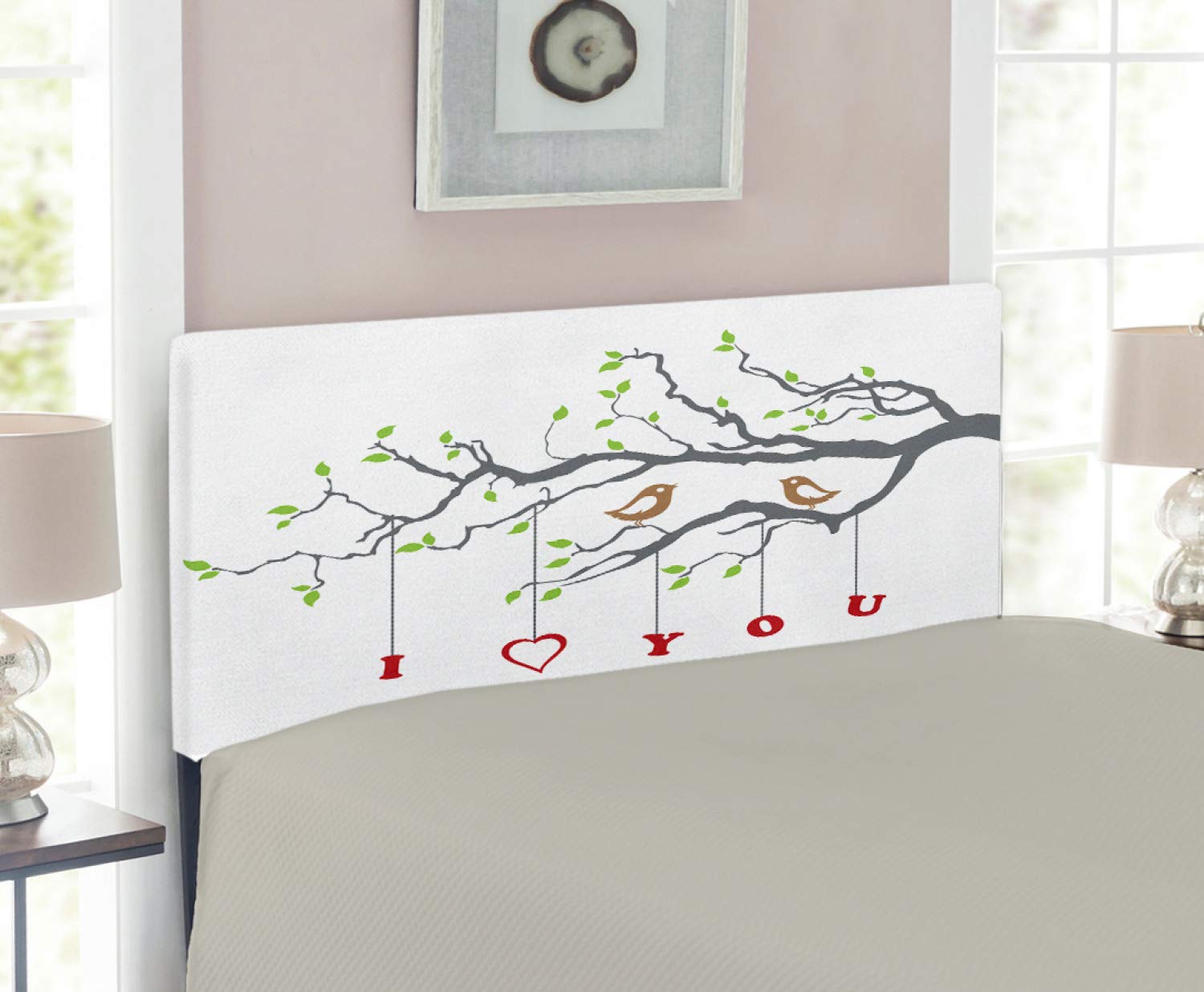 Ambesonne I Love You Upholstered Headboard - Romantic Love Birds on Tree Branch Art Print, Grey Red Fern Green Twin Size Bed Headboard with Memory Foam | Perfect for Spring-Themed Bedrooms & Couples' Romantic Home Decor