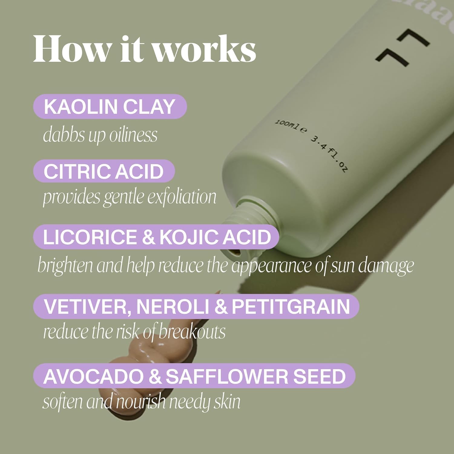 Faace Dull Face Cleanser Mask - Pore Minimizer & Skin Smoother with Kaolin Clay, Turmeric, Vitamins C & E | Hydrating Hyaluronic Acid, Green Tea & Avocado Oil | Vegan Skincare for Dullness & Uneven Texture (3.4oz) - Perfect for Morning Routine & Post-Workout Refresh