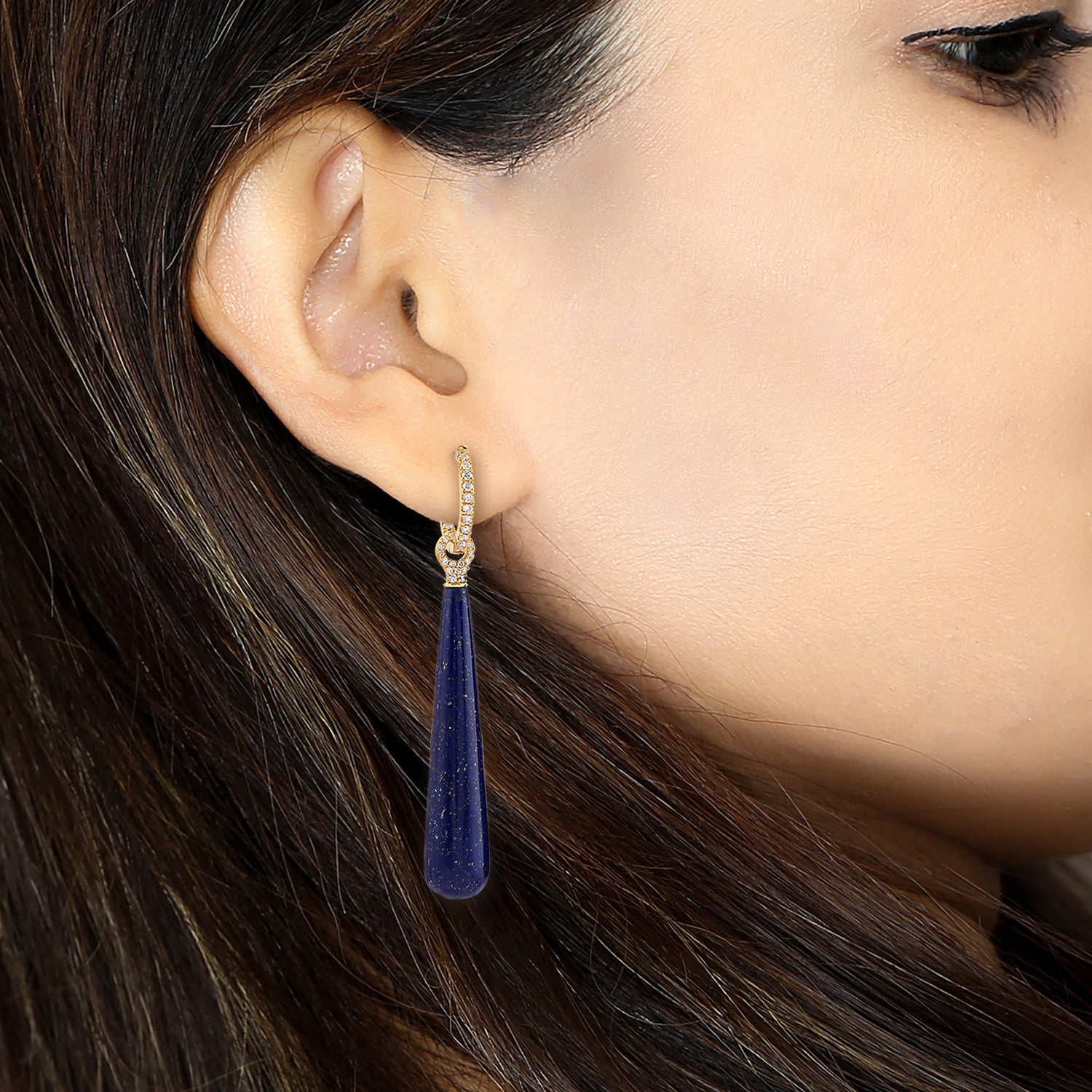 18K Yellow Gold Drop Lapis Lazuli Gemstone Pave Diamond Dangle Earrings for Women - Perfect for Weddings, Parties & Special Occasions