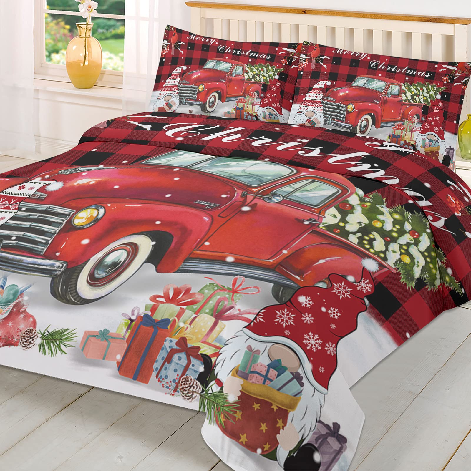 3-Piece Christmas Gnome Truck Duvet Cover Set Queen - Red Buffalo Plaid Cardinals Design with 2 Pillowcases - Cozy Holiday Bedding for Kids, Teens & Adults - Perfect for Winter Bedrooms, Guest Rooms & Christmas Decorations
