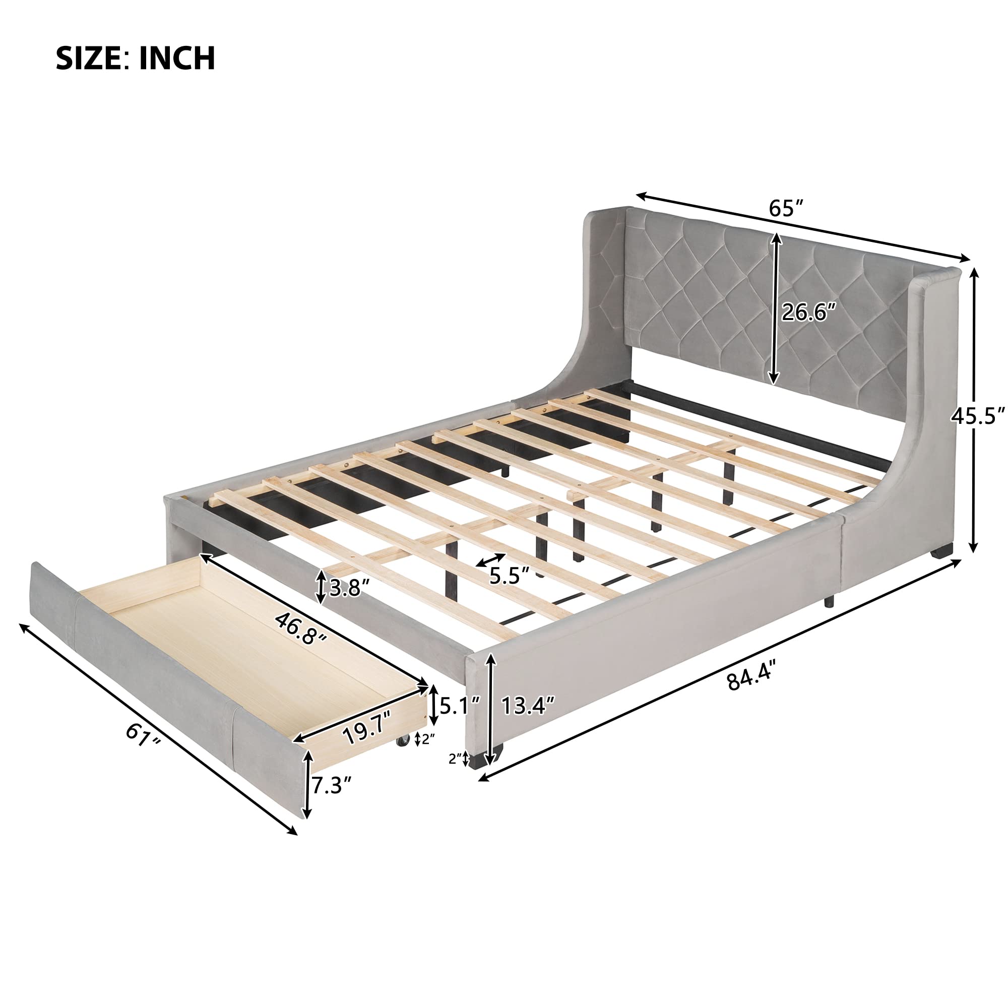TRIPLE TREE Queen Size Storage Bed with 4 Drawers, Upholstered Wingback Platform Bed Frame with Wooden Slat Support - Modern Bedroom Furniture for Teens & Adults (Gray) | Perfect for Small Spaces & Guest Rooms