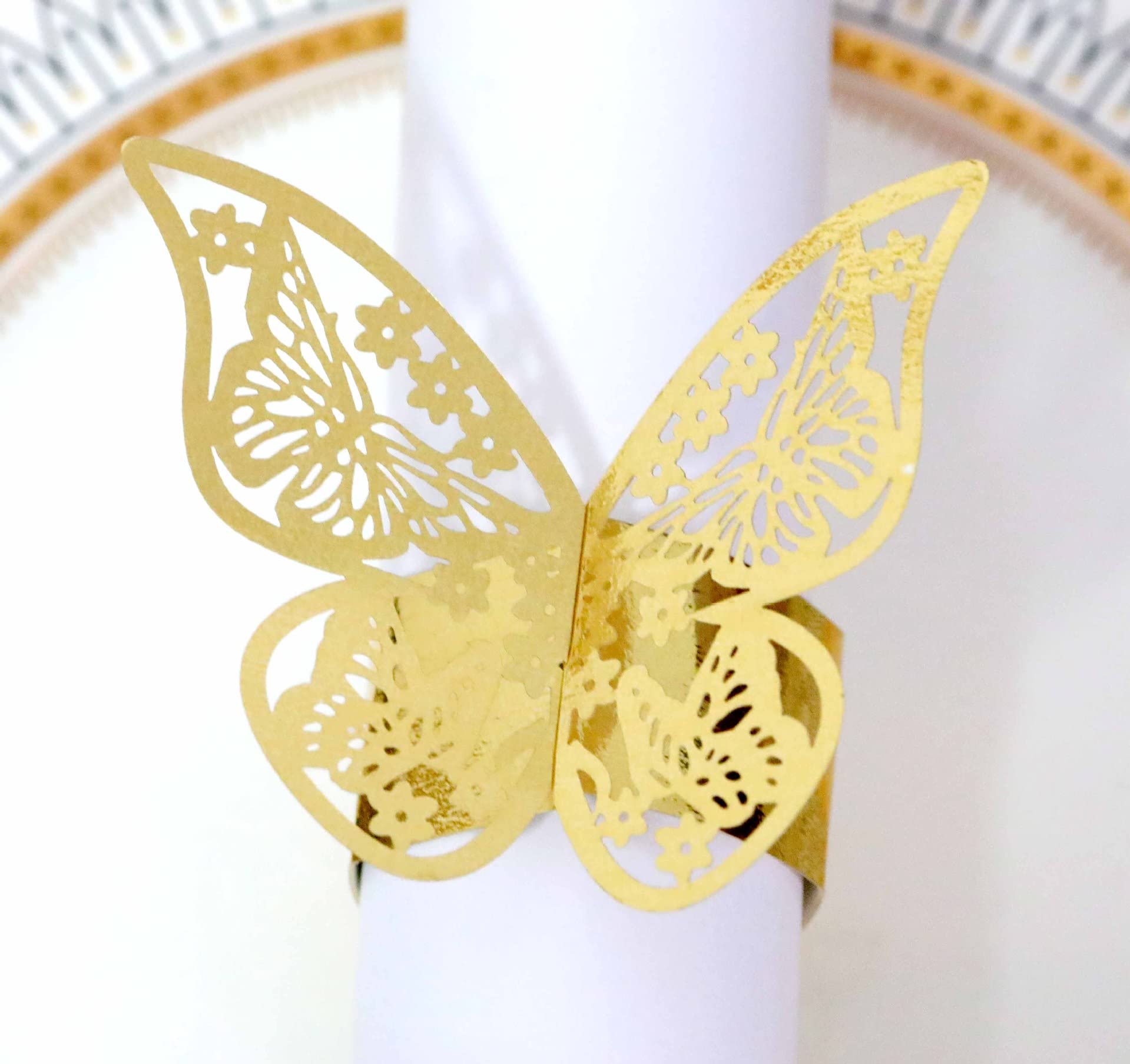 100 Pcs Gold Laser Cut Butterfly Napkin Rings - Elegant Foil Paper Napkin Holders for Wedding, Party & Restaurant Table Decorations - Perfect for Bridal Showers, Anniversary Dinners & Fine Dining Events