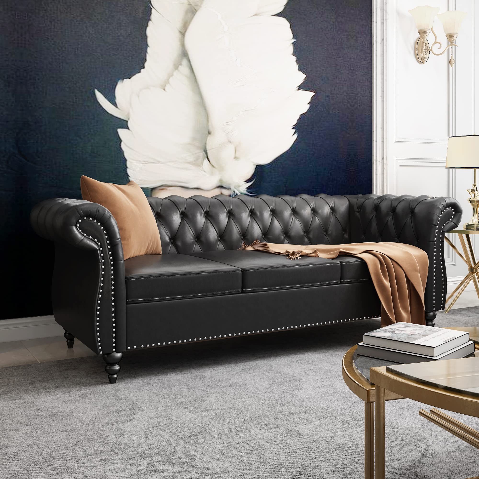 ONCIN Chesterfield Sofa - 3 Seater Faux Leather Tufted Couch with Rolled Arms & Nailhead Trim for Living Room, Bedroom, Office | Classic Black Leather Sofa for Home Decor & Comfortable Seating