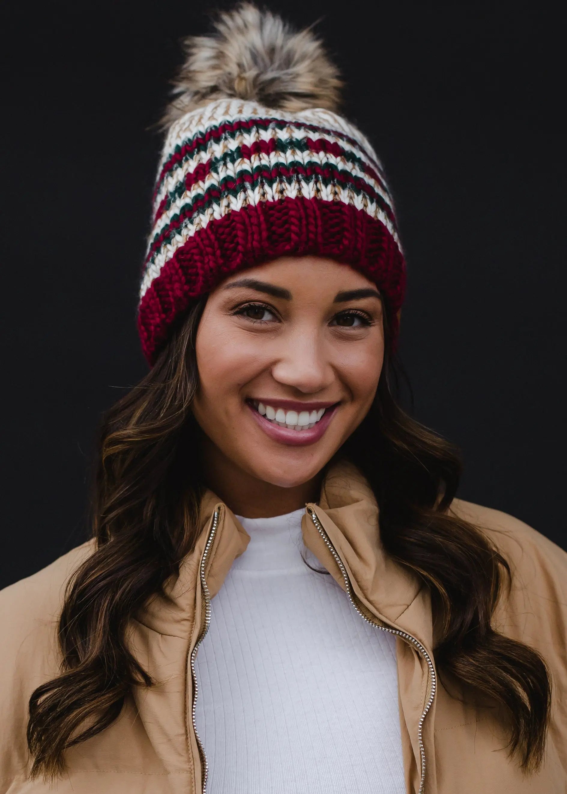 Beige Red and Green Striped Pom Pom Beanie - Warm Winter Knit Hat for Women & Men - Perfect for Christmas, Outdoor Activities & Cold Weather Fashion