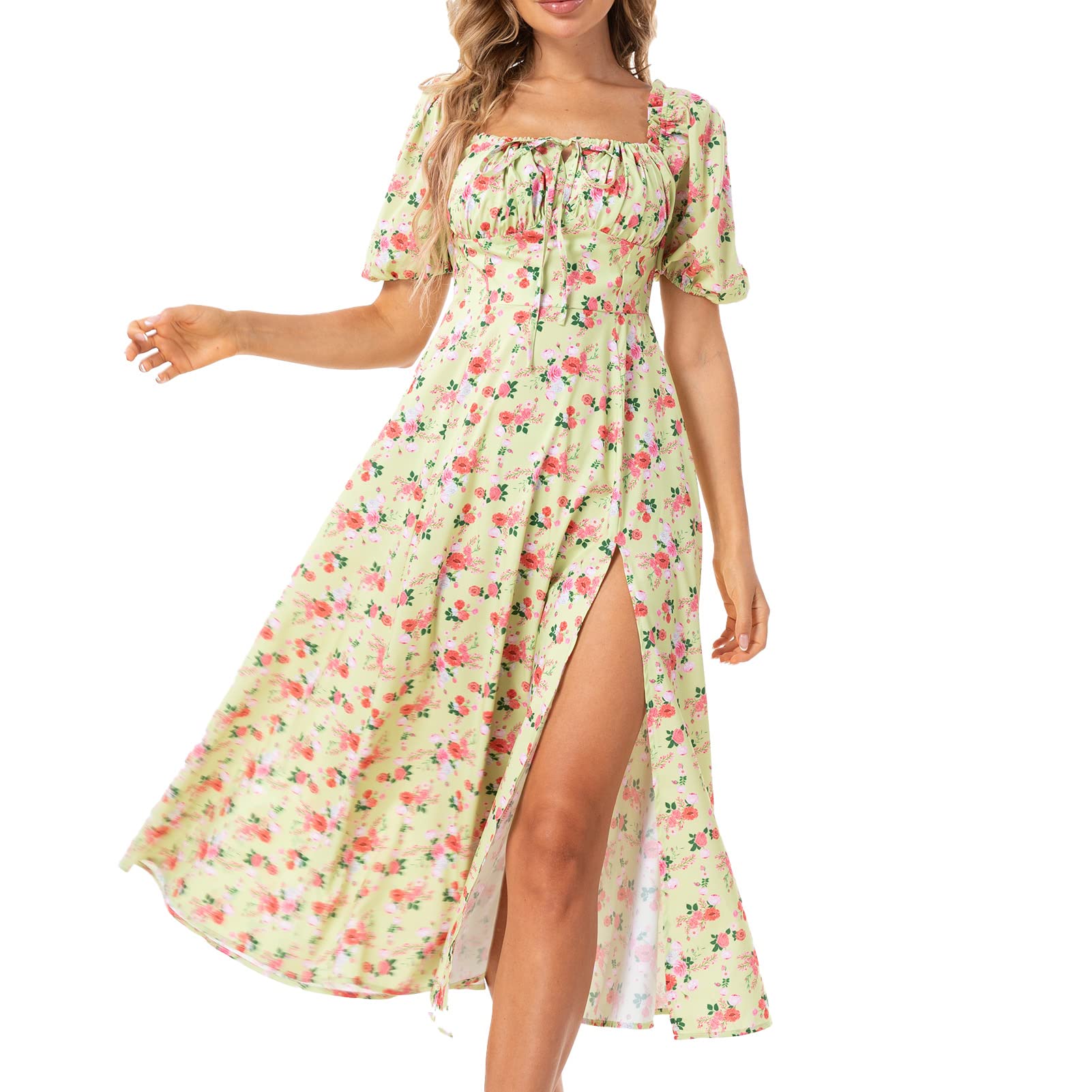 Boho Floral Maxi Dress for Women - Vintage Cottagecore Summer Wrap Dress with Square Neck & Ruffle Hem - Perfect for Beach, Vacation, and Casual Outings