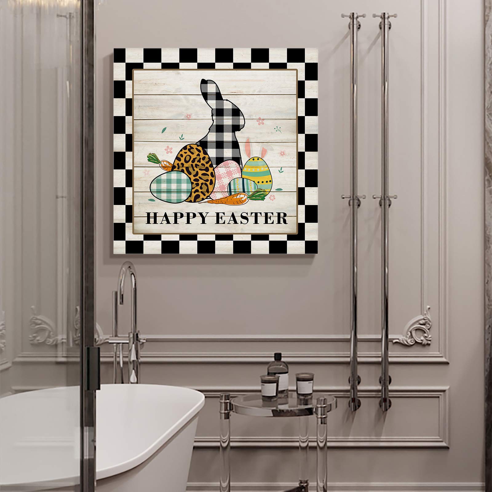 Easter Buffalo Check Plaid Bunny Canvas Prints - Framed Wall Art Decor for Bathroom, Living Room & Bedroom - Ready to Hang 24x24 Inch - Black & White Wooden Board Painting - Perfect for Spring Home Decor & Holiday Gift Giving