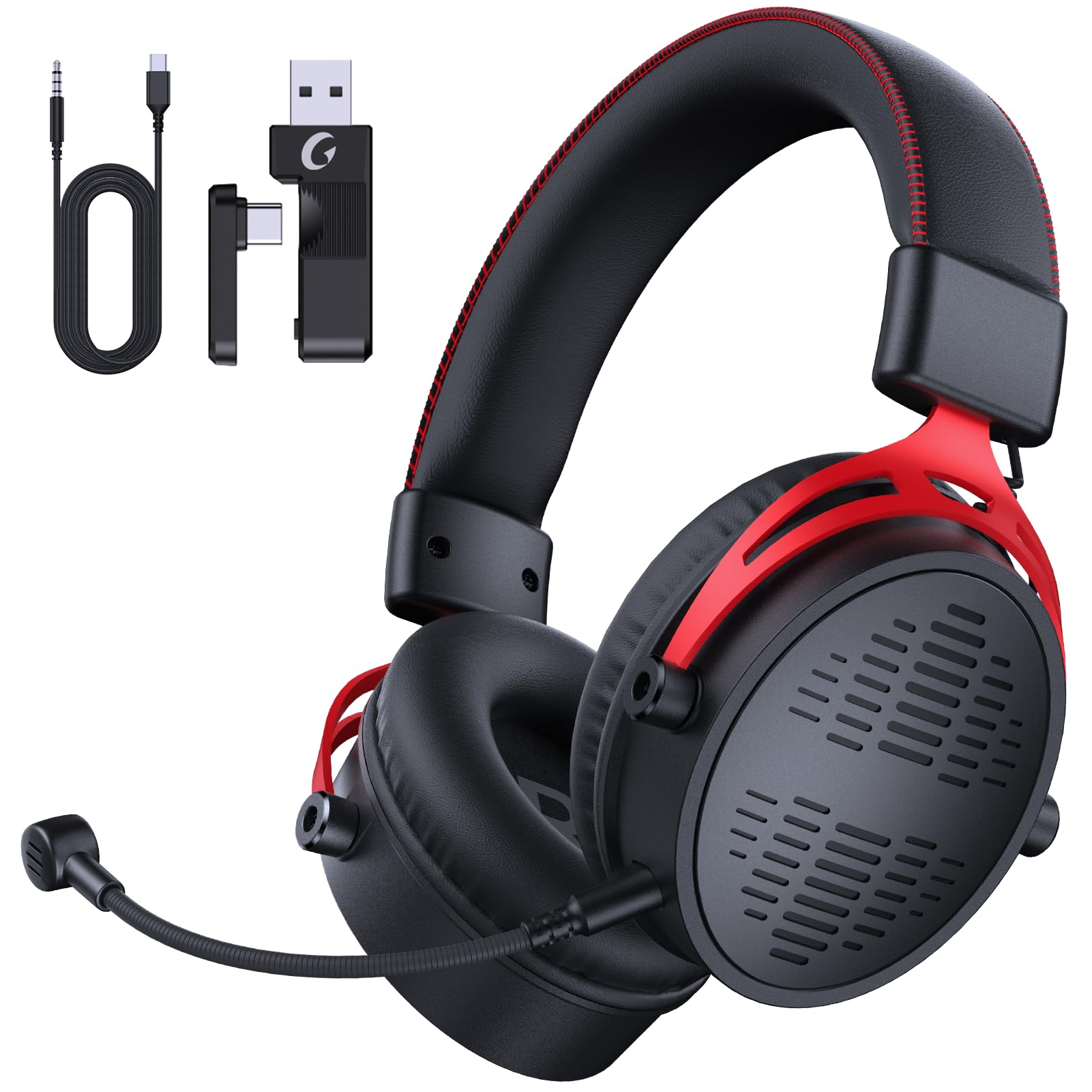 Wireless Gaming Headset with 2.4GHz Connectivity for PC, PS4, Nintendo Switch - 60H Battery Life, Detachable Noise Cancelling Mic (Black/Red) - Perfect for Competitive Gaming, Streaming & Online Chat