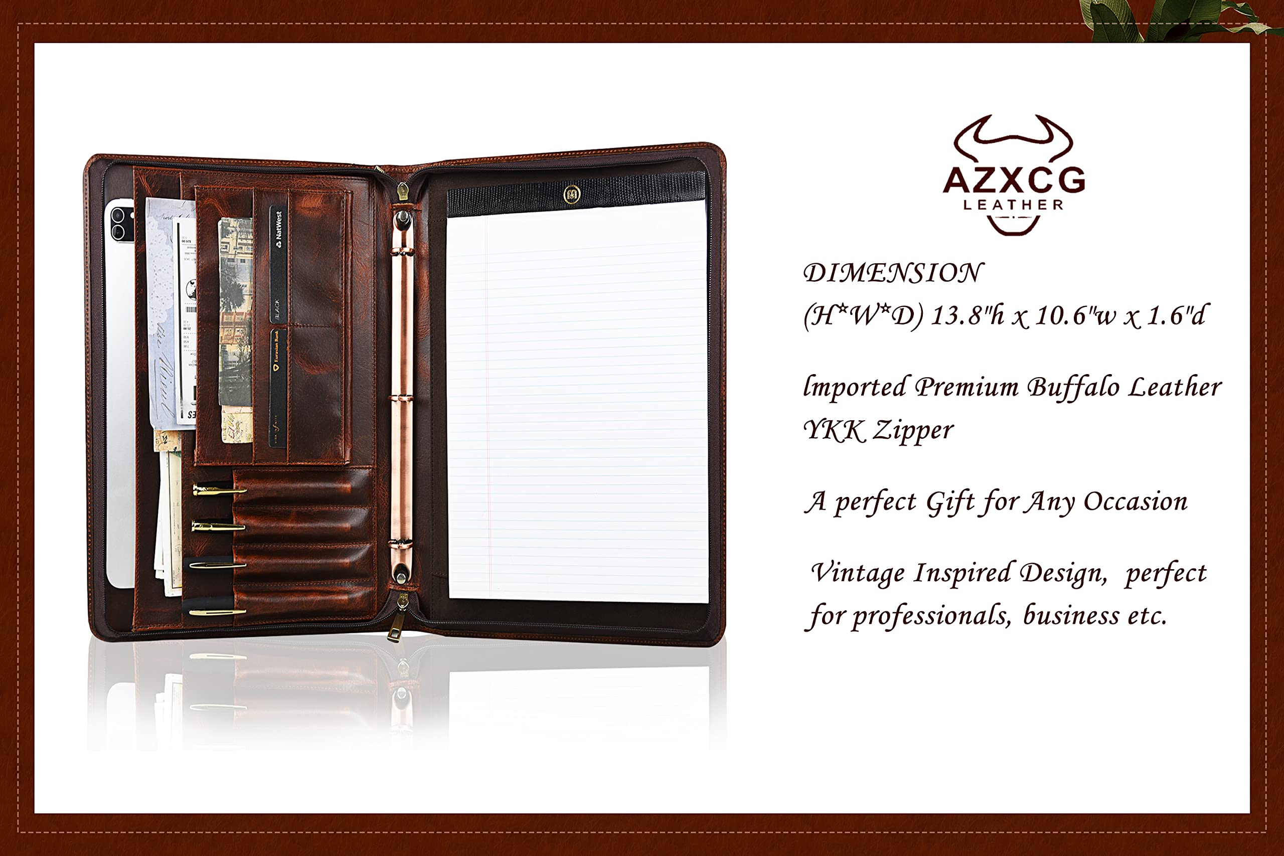 Premium Leather Portfolio with Zipper - Professional 3-Ring Binder Resume Organizer & A4 Notebook Holder - Business Document Folder Fits 13.3