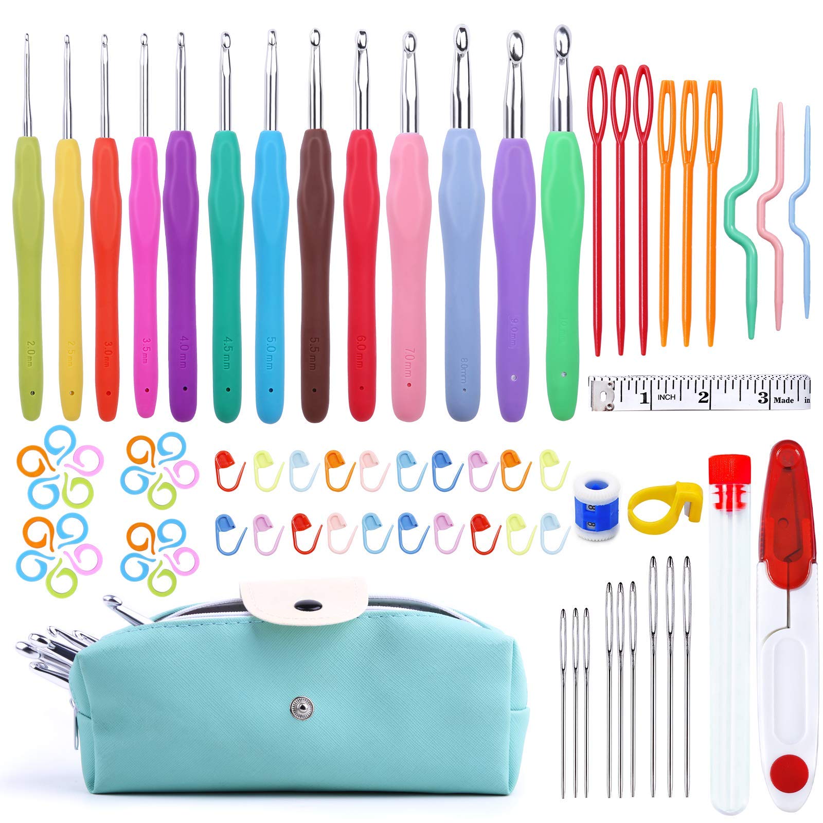 77 Pcs Ergonomic Aluminum Crochet Hook Set with Knitting Needles - Large Eye Blunt Needles, Colorful Yarn Needles, Plastic Stitch Markers & Storage Case for DIY Knitting, Crocheting and Craft Projects