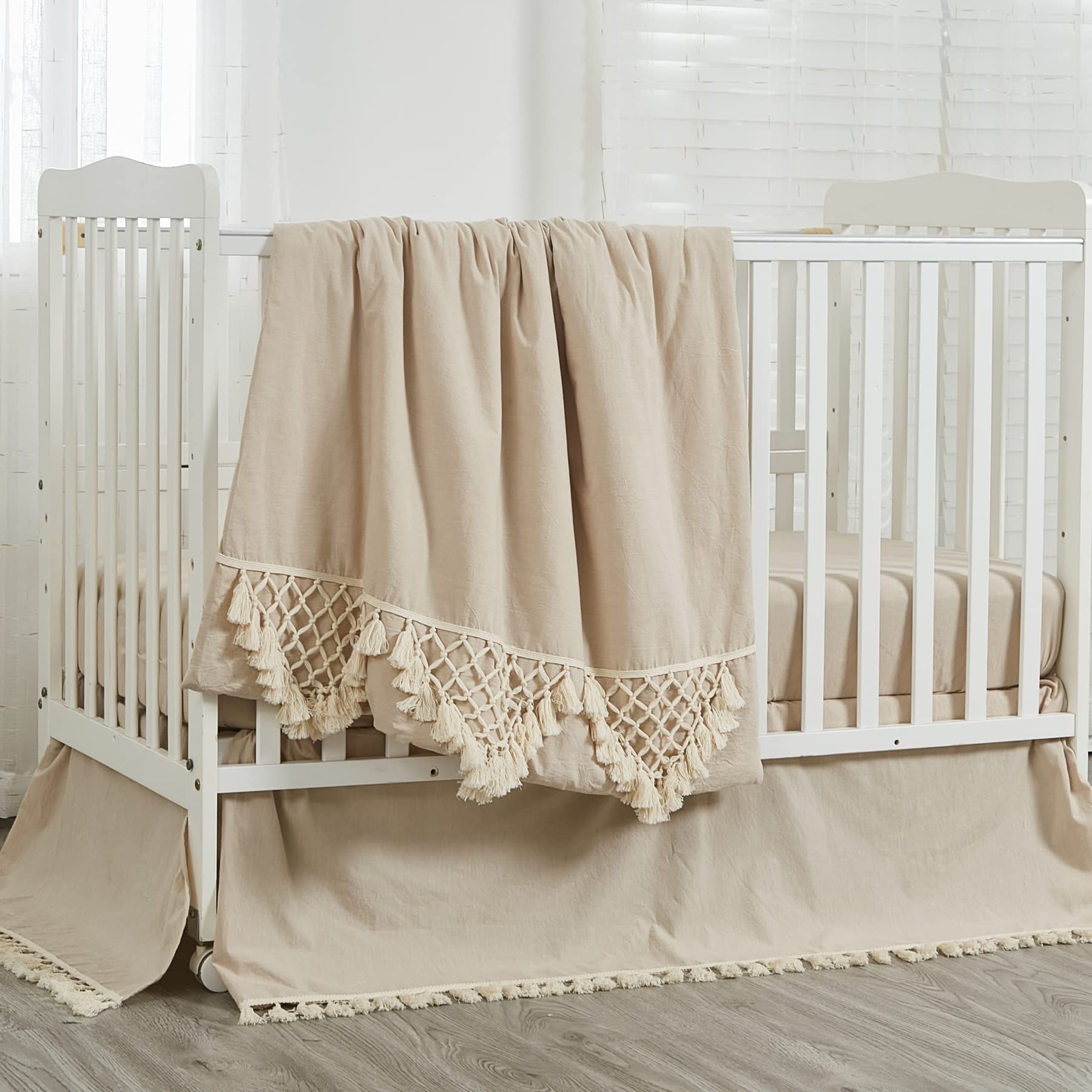 Brandream Unisex Bohemian Baby Crib Bedding Set - 6 Piece Beige Farmhouse Nursery Set with Tassel Fringe, 100% Washed Cotton - Perfect for Neutral Nursery, Gender Reveal, and Minimalist Baby Room Decor