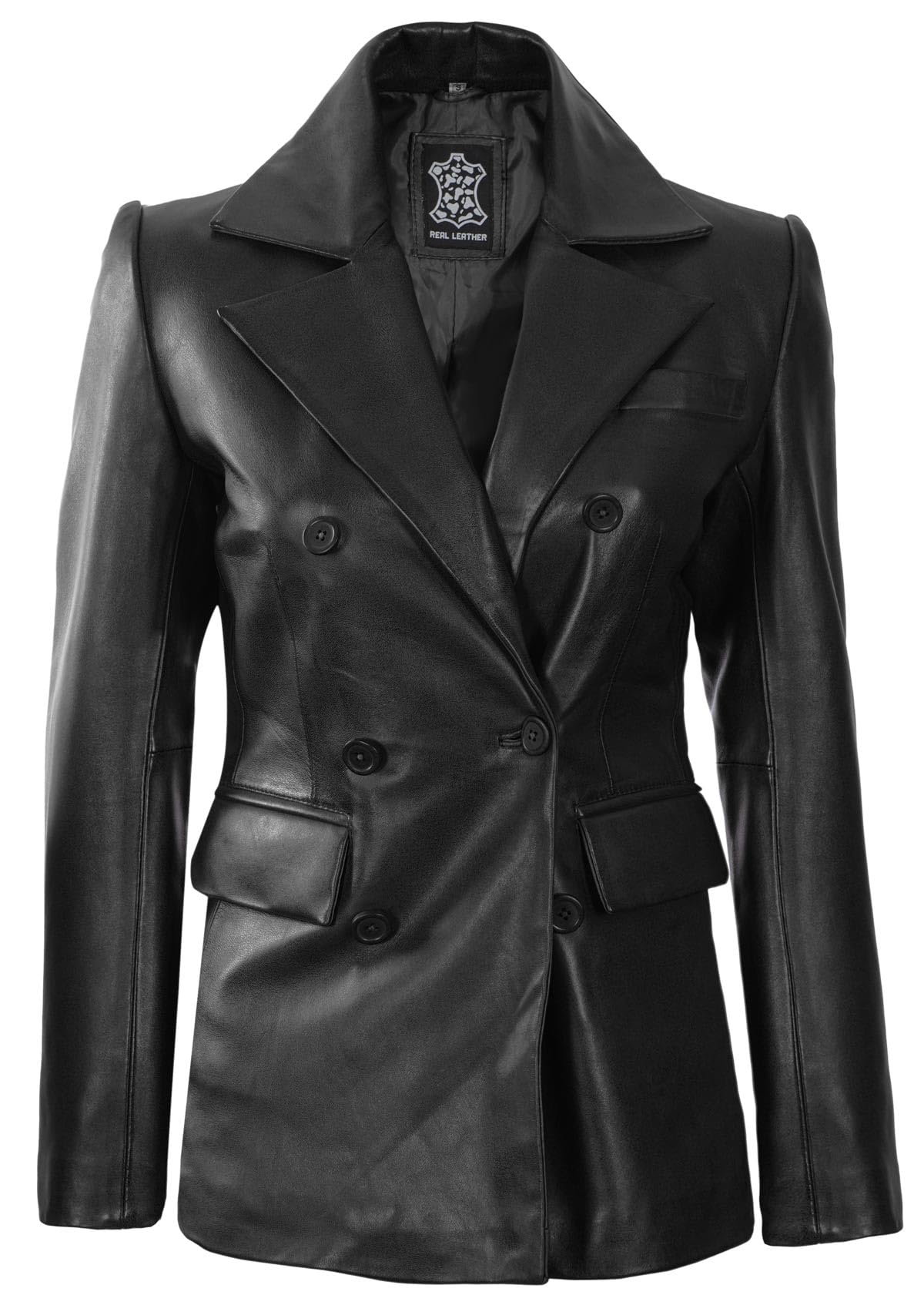 Decrum Women's Leather Blazer - Classic Double Breasted Coat in Elegant Brown & Black | Perfect for Office Wear, Business Meetings & Formal Events