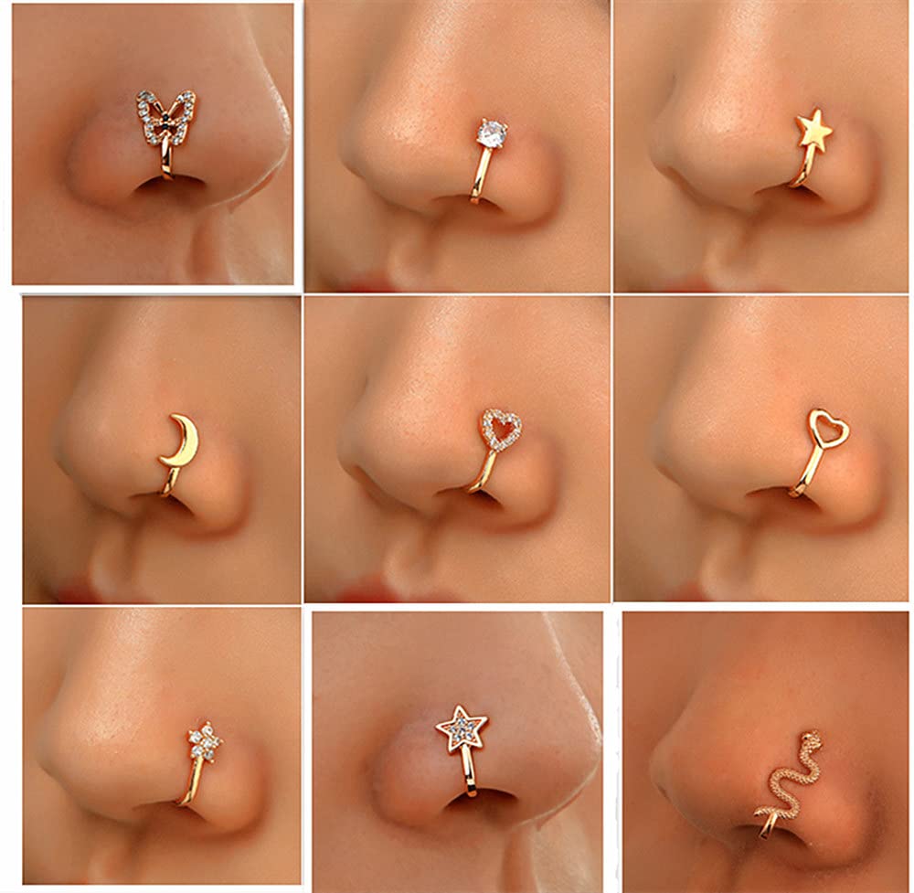 9-Piece Faux Nose Rings Set - Non-Piercing Clip-On Nose Cuff Jewelry for Women & Men - Gold Fake Nose Ring Pack - Perfect for Costumes, Parties and Gifts