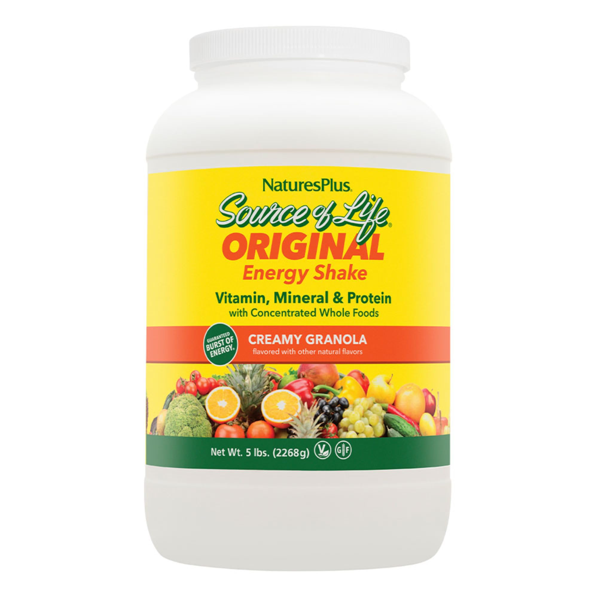 NaturesPlus Source of Life Energy Shake - 5 lbs Vegetarian Protein Powder, Granola Flavor | Multivitamin & Mineral Supplement | Non-GMO, Gluten-Free Meal Replacement (58 Servings) - Perfect for Post-Workout Recovery & Healthy Breakfast Smoothies