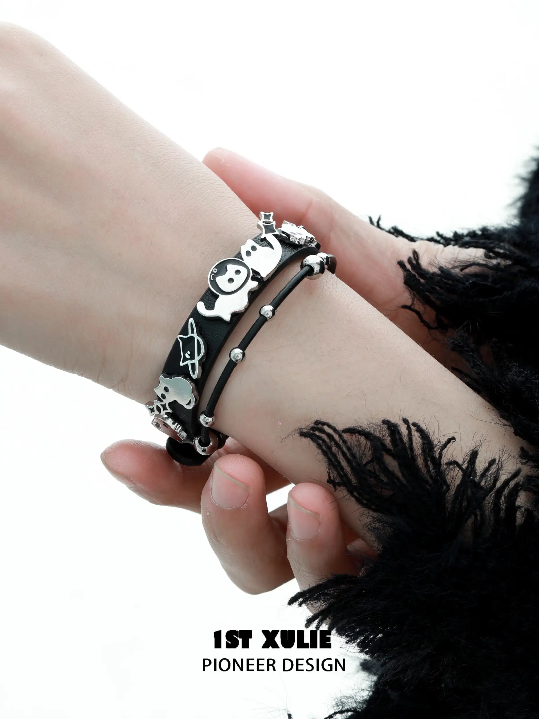 18K Black Gold Plated Leather Bracelet with Ghosts & Black Cat Design - Stylish Gothic Jewelry for Women, Perfect for Halloween, Parties & Everyday Wear