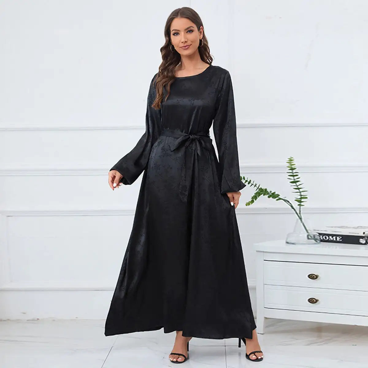 Elegant Jacquard Satin Abaya Dress for Women - Modest Islamic Prayer Dress for Eid, Ramadan & Special Occasions