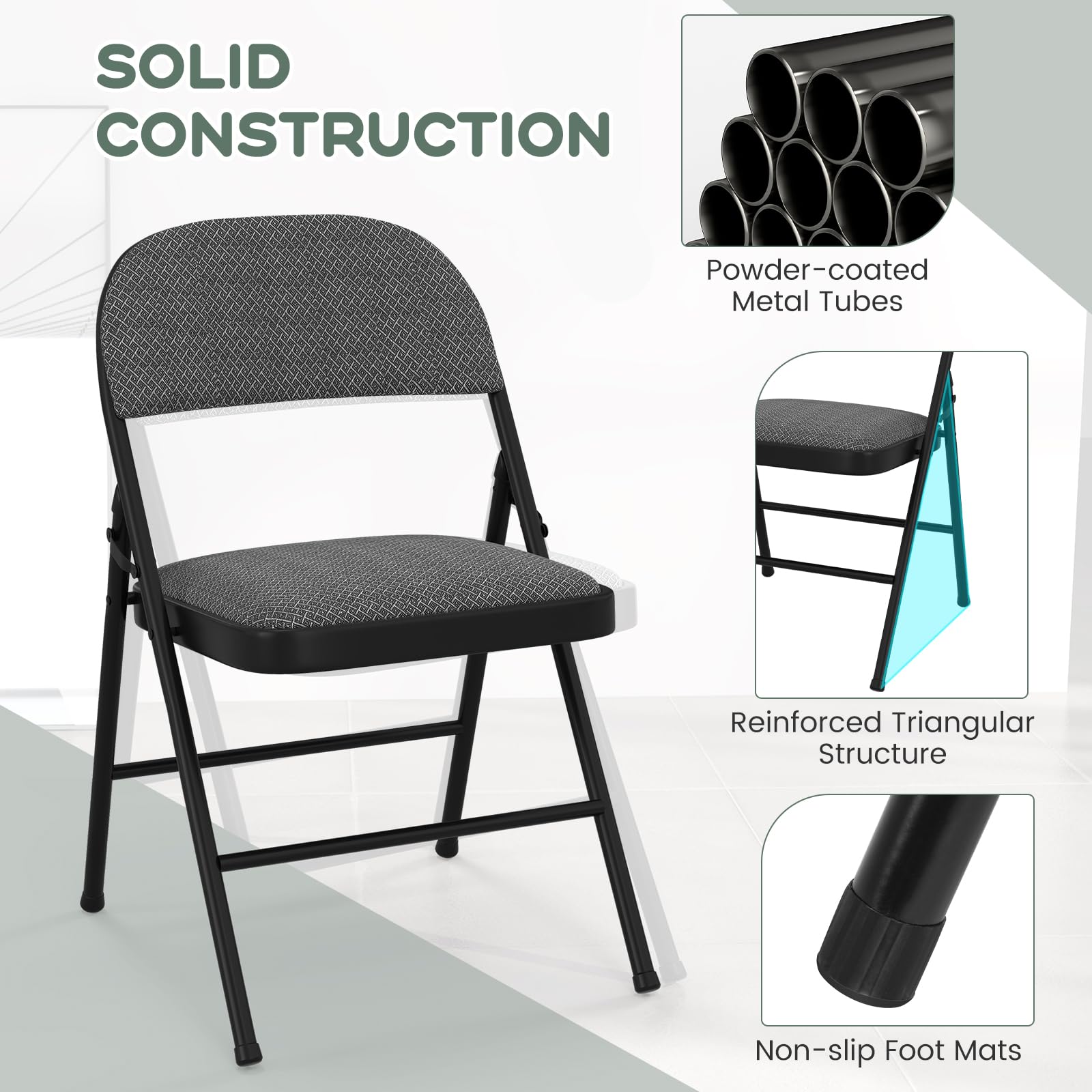 Casart 4-Pack Folding Chairs - Portable Dining Chairs with Padded Seat & Back, Sturdy Metal Frame - Foldable Guest Chairs for Home, Office, Party, Event & Conference Room (Grey & Black) - Perfect for Indoor & Outdoor Gatherings, Camping & Extra Seating