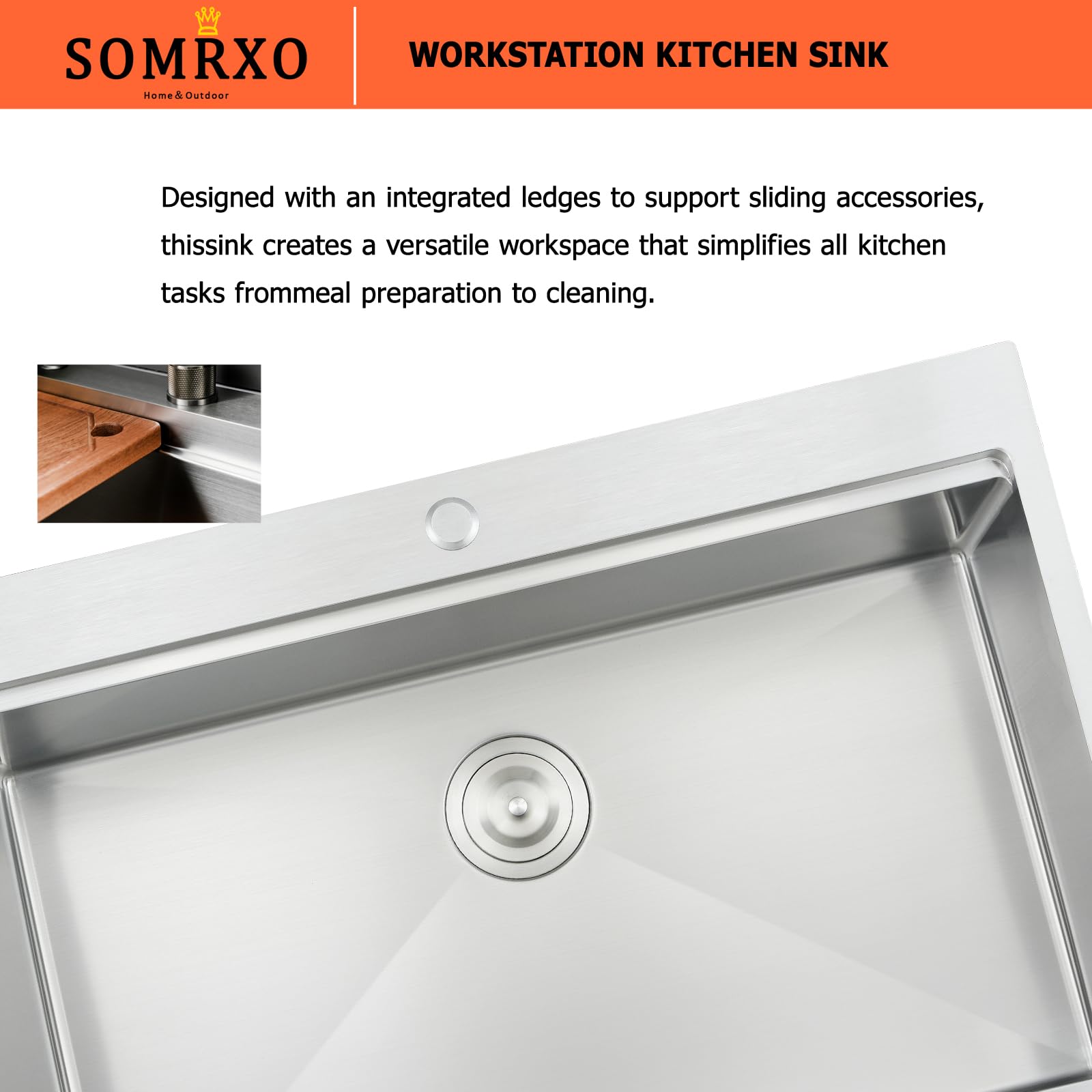 33x22 Inch Stainless Steel Drop-In Kitchen Sink - 16 Gauge Top Mount Workstation Sink with 10 Inch Deep Single Bowl & Ledge | Perfect for Modern Kitchens, Food Prep, and Dishwashing