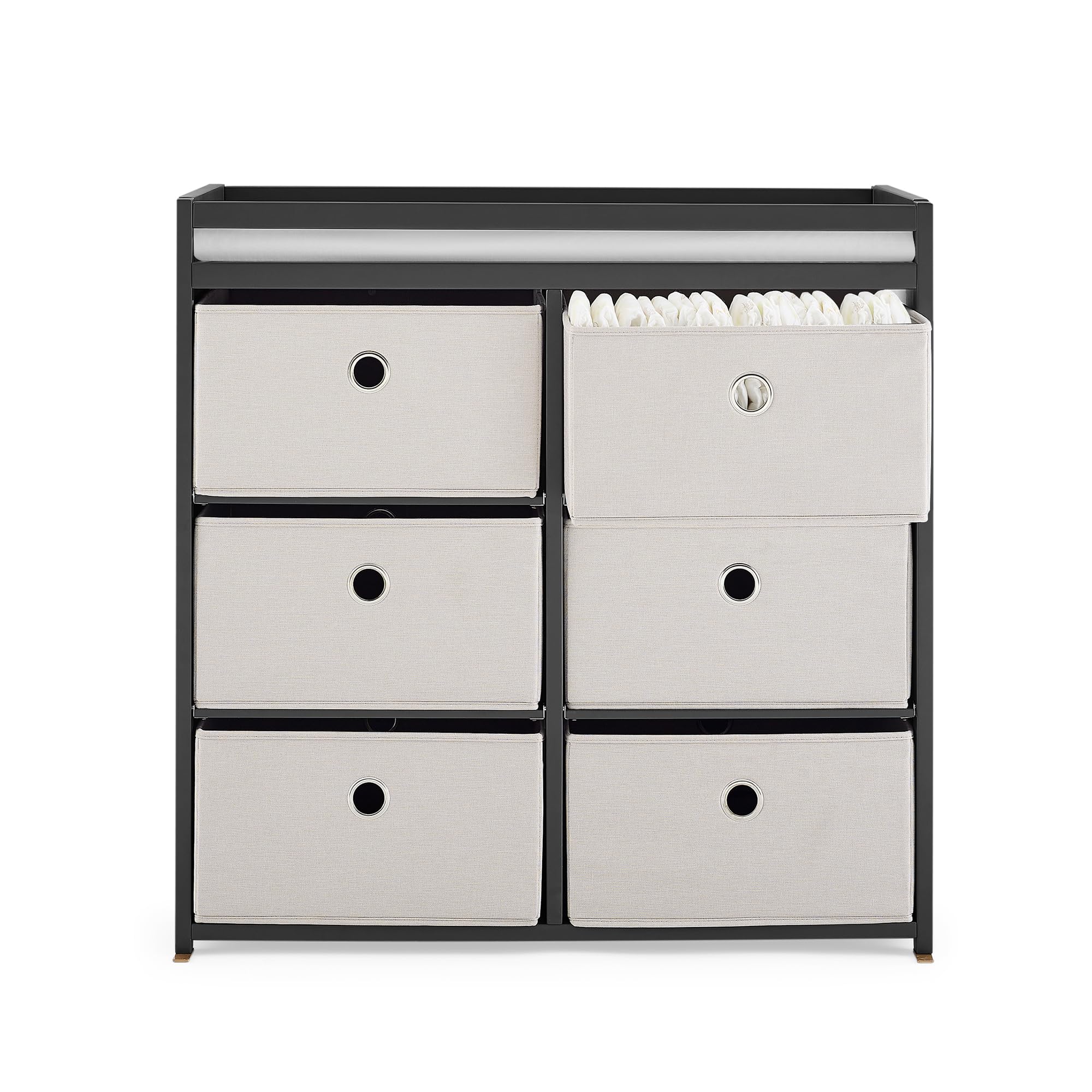 Delta Children Hayes Changing Table and Dresser with 6 Fabric Drawers - Nursery Storage Solution in Charcoal Grey/Flax | Perfect for Baby Room Organization and Diaper Changing Station
