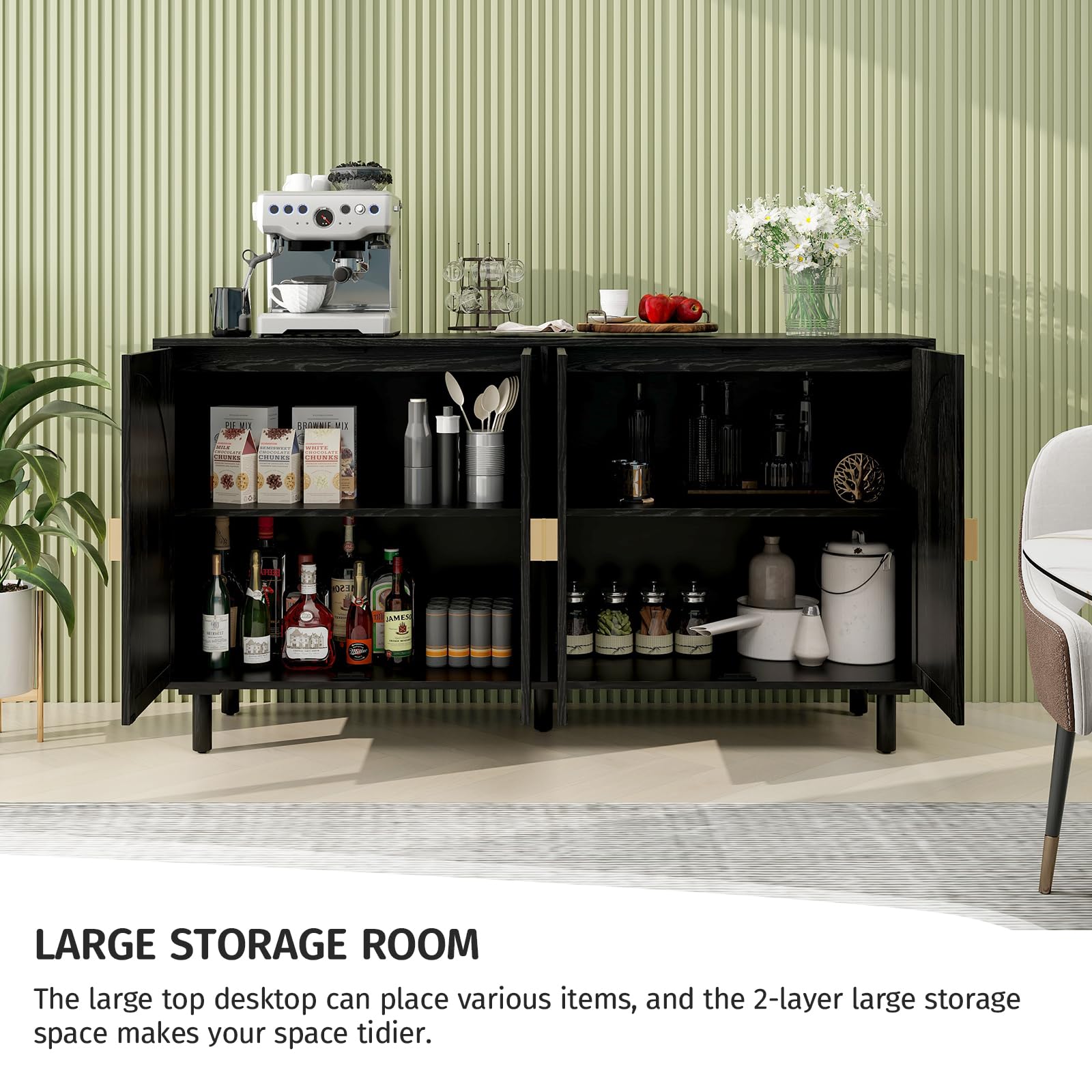 Modern Rattan Sideboard Buffet Cabinet with 4 Doors & 2 Adjustable Shelves - Stylish Boho Storage Console for Living Room, Kitchen, Dining Room - Perfect for Organizing Dishes, Linens & Home Decor (Black)