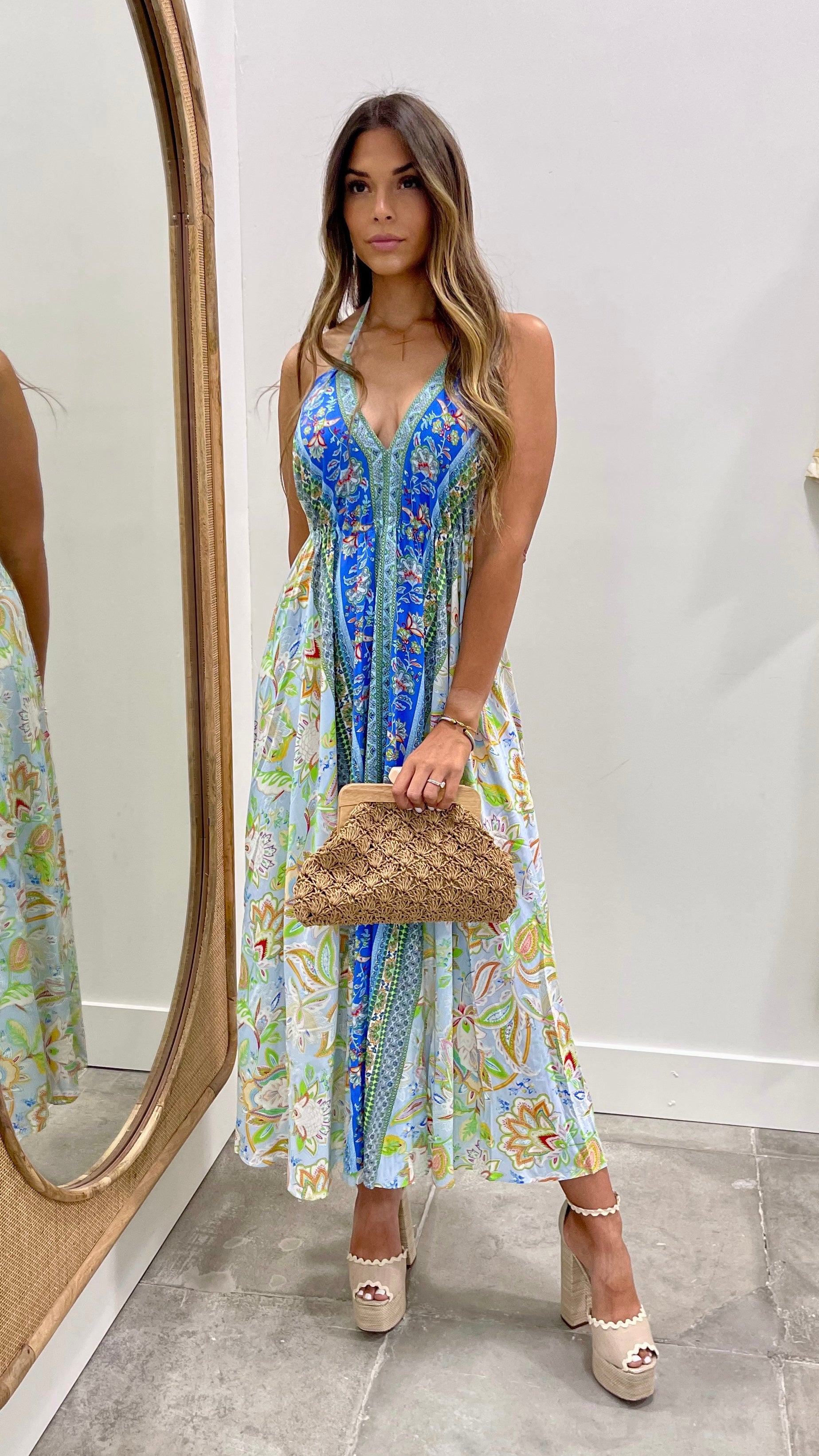 Kelly Halter Tie Back Scarf Summer Dress - Women's Floral Print Sleeveless Maxi Dress for Beach Vacation, Party & Date Night