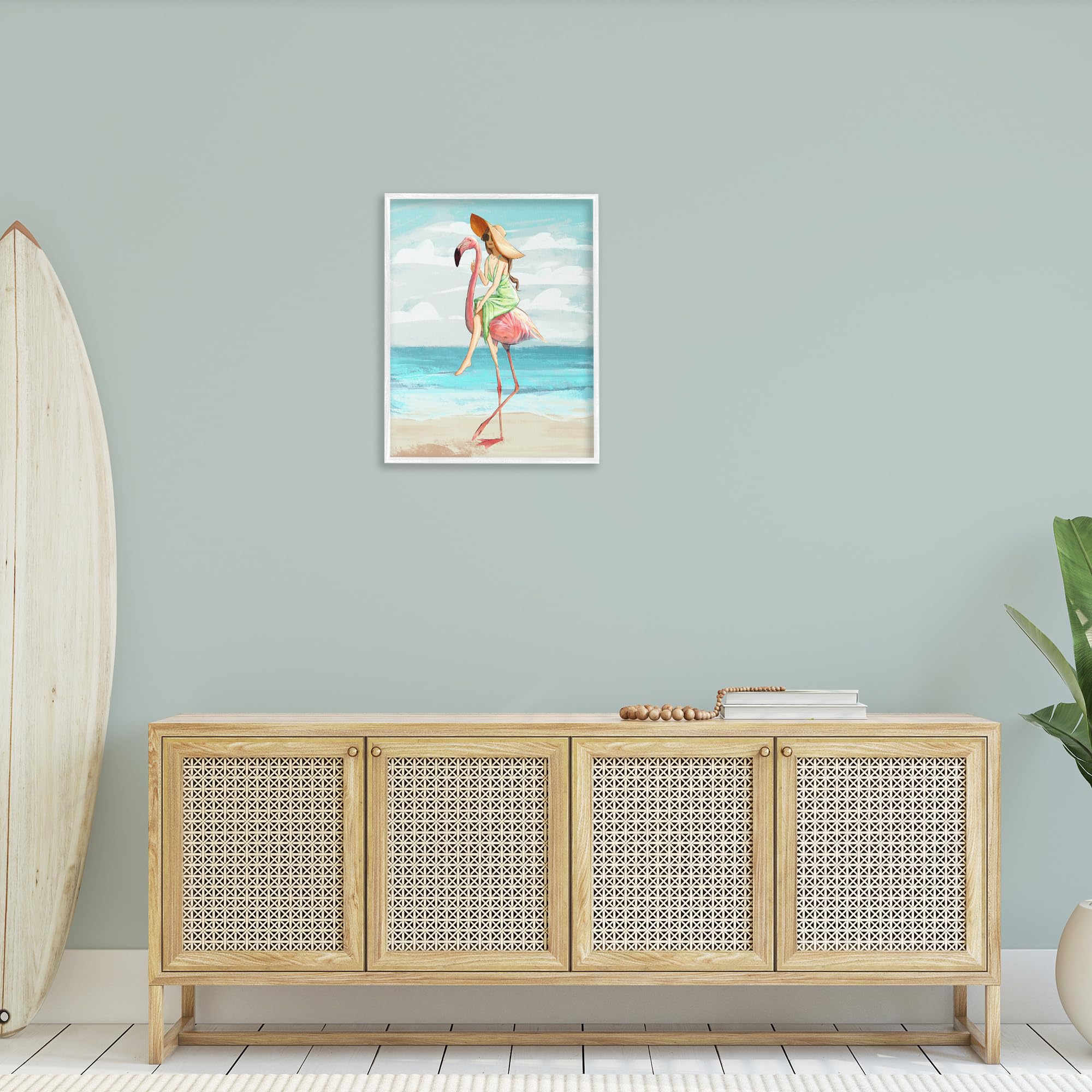 Stupell Industries Tropical Beach Wall Art - Pink Flamingo with Woman Rider, White Framed Decor 24x30, Green - Perfect for Bathroom, Bedroom & Coastal Home Decor