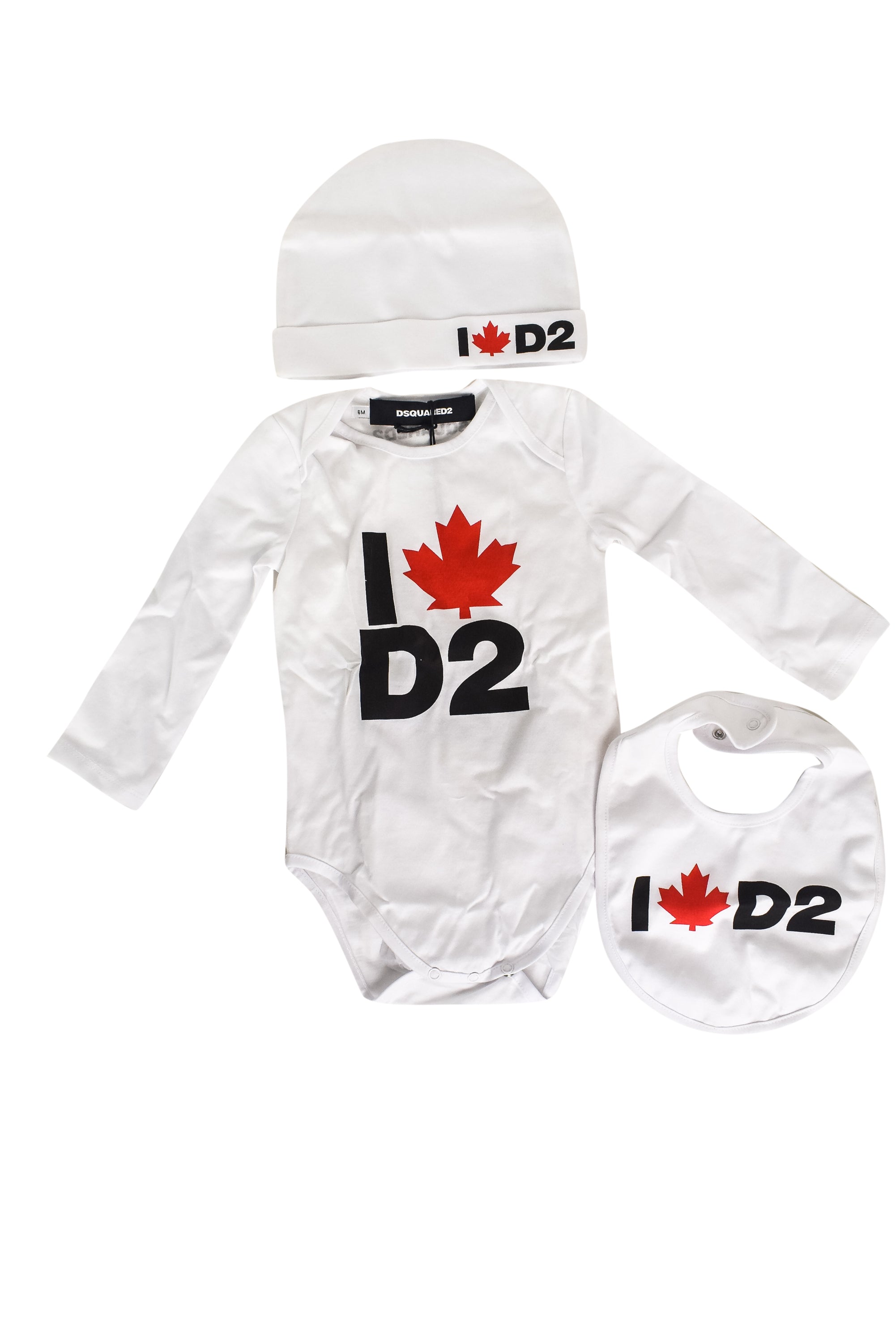 DSquared2 Baby Beanie, Bibs and Bodysuit Set - 3-Piece Newborn Outfit for 6 Months - Perfect for Photoshoots, Gifts & Special Occasions