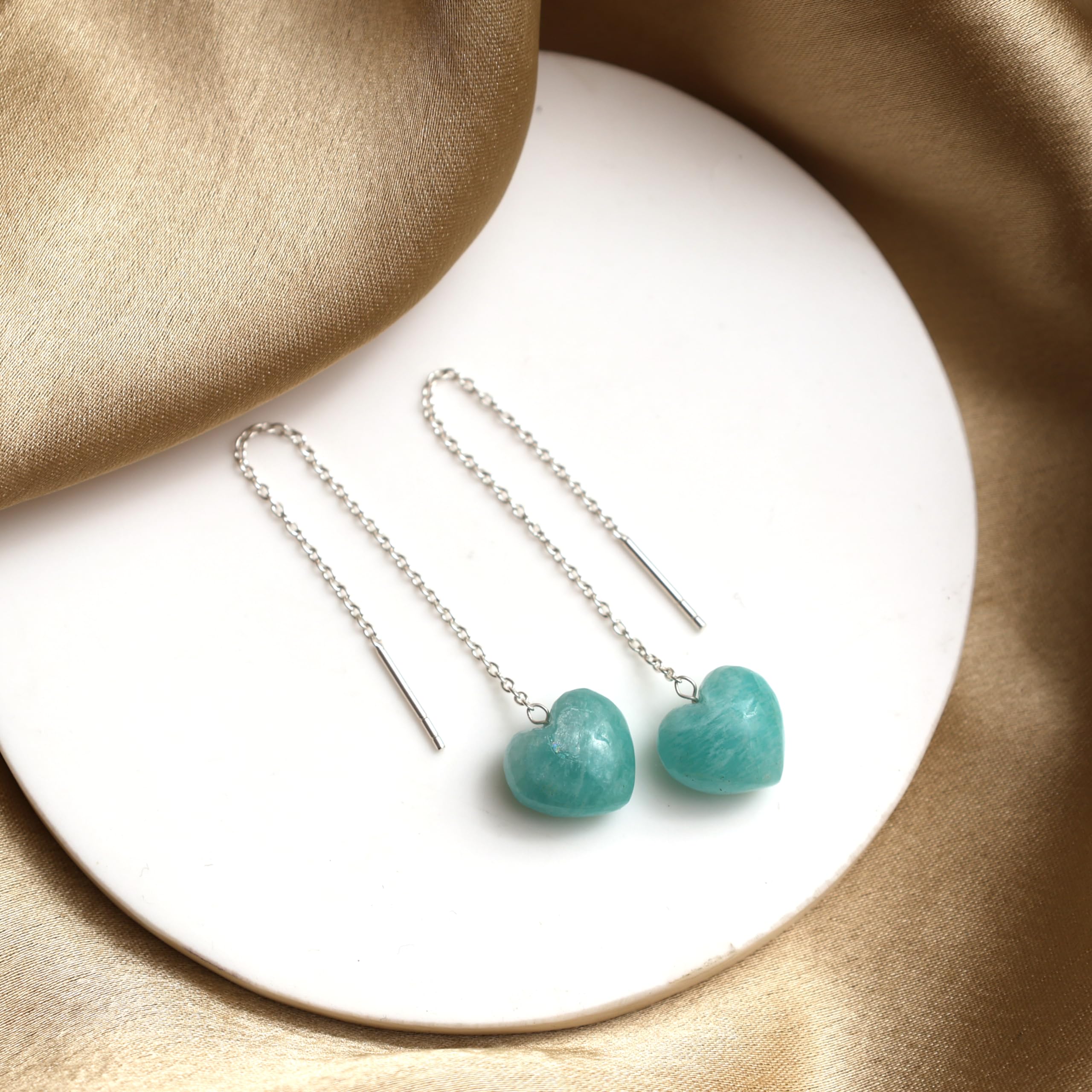 Amazonite Heart Threader Drop Earrings for Women - 925 Sterling Silver Dangle Long Chain Lightweight Gemstone Jewelry - Perfect for Daily Wear, Office & Special Occasions