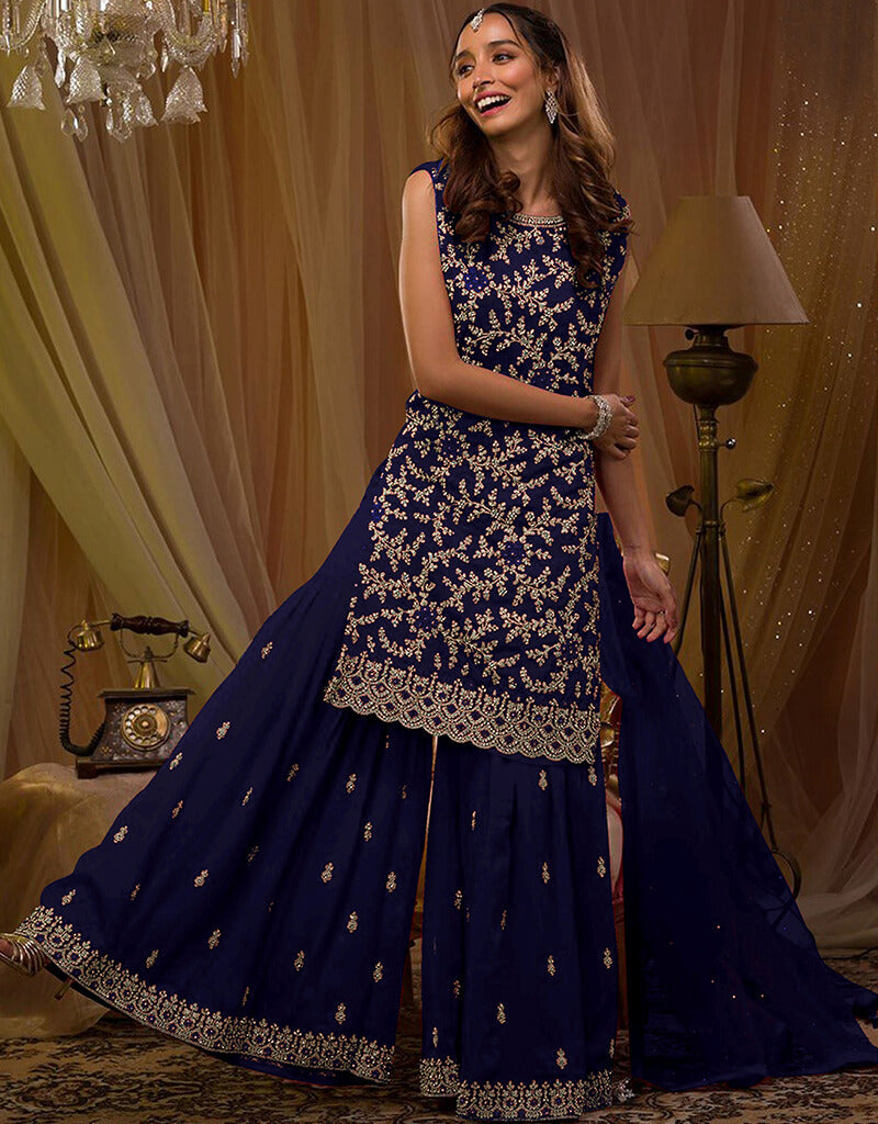 Elegant Blue Faux Georgette Palazzo Suit Set for Women - Comfortable & Stylish Outfit for Parties, Weddings & Special Occasions