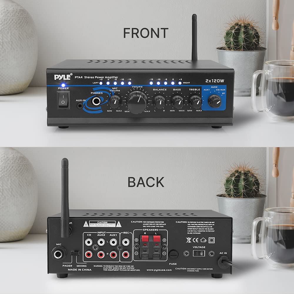 Pyle 2 Channel Wireless Microphone System with Headset & Lavalier Mics - 2X120W Bluetooth Stereo Power Amplifier with Mixing Modes for Karaoke, Home Theater & Live Performances