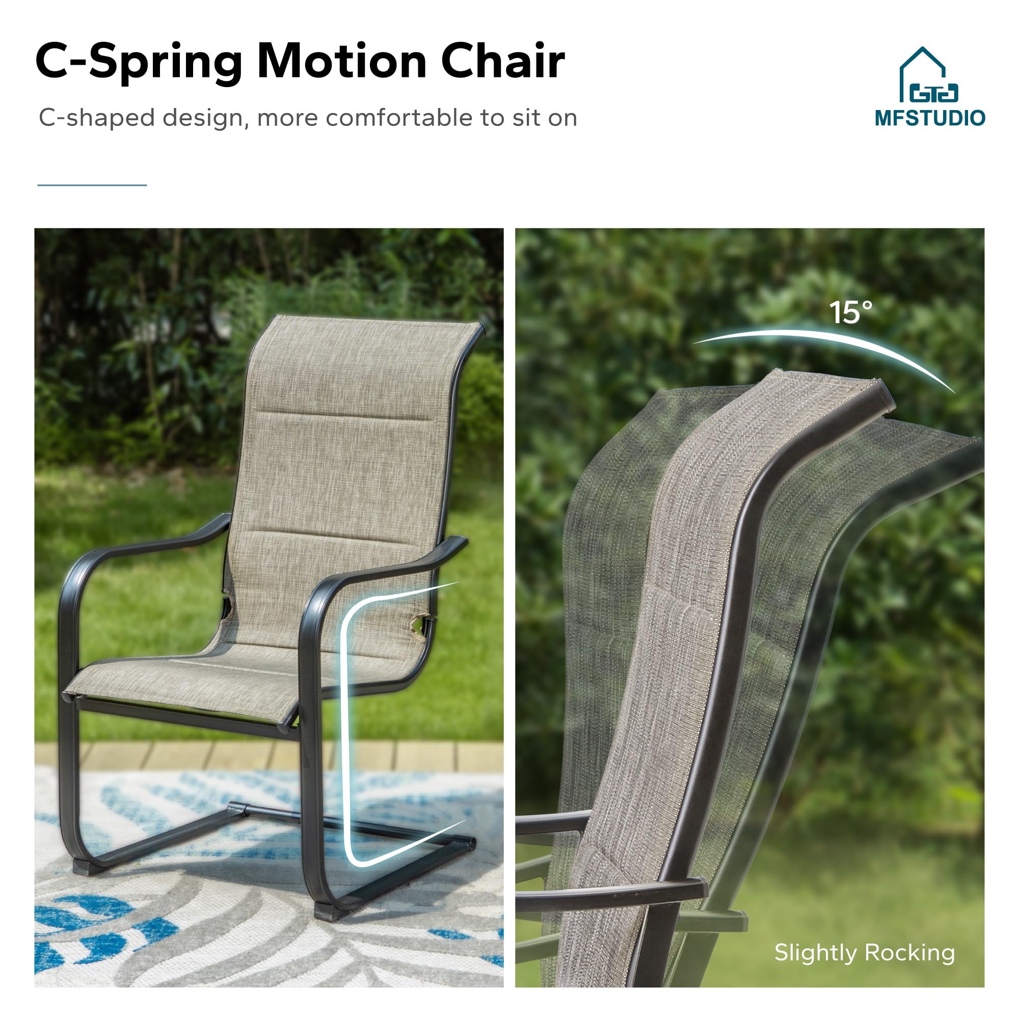 MFSTUDIO Patio Dining Chairs Set of 2 - Padded Textilene Outdoor Chairs with Spring Support, High Back Sling Chairs for Backyard, Deck, or Poolside (Supports 300LBS) - Perfect for Relaxing, Dining, and Entertaining Outdoors