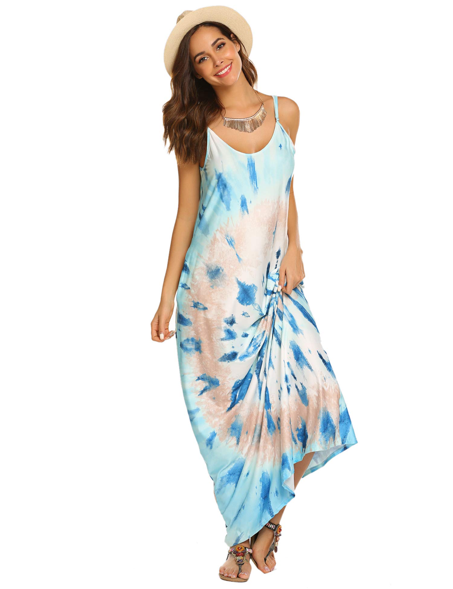 Supnier Women's Summer Maxi Dress - Casual V-Neck Sleeveless Bohemian Floral Long Dress with Pockets | Perfect for Beach Vacation, Music Festival & Boho Chic Outfits