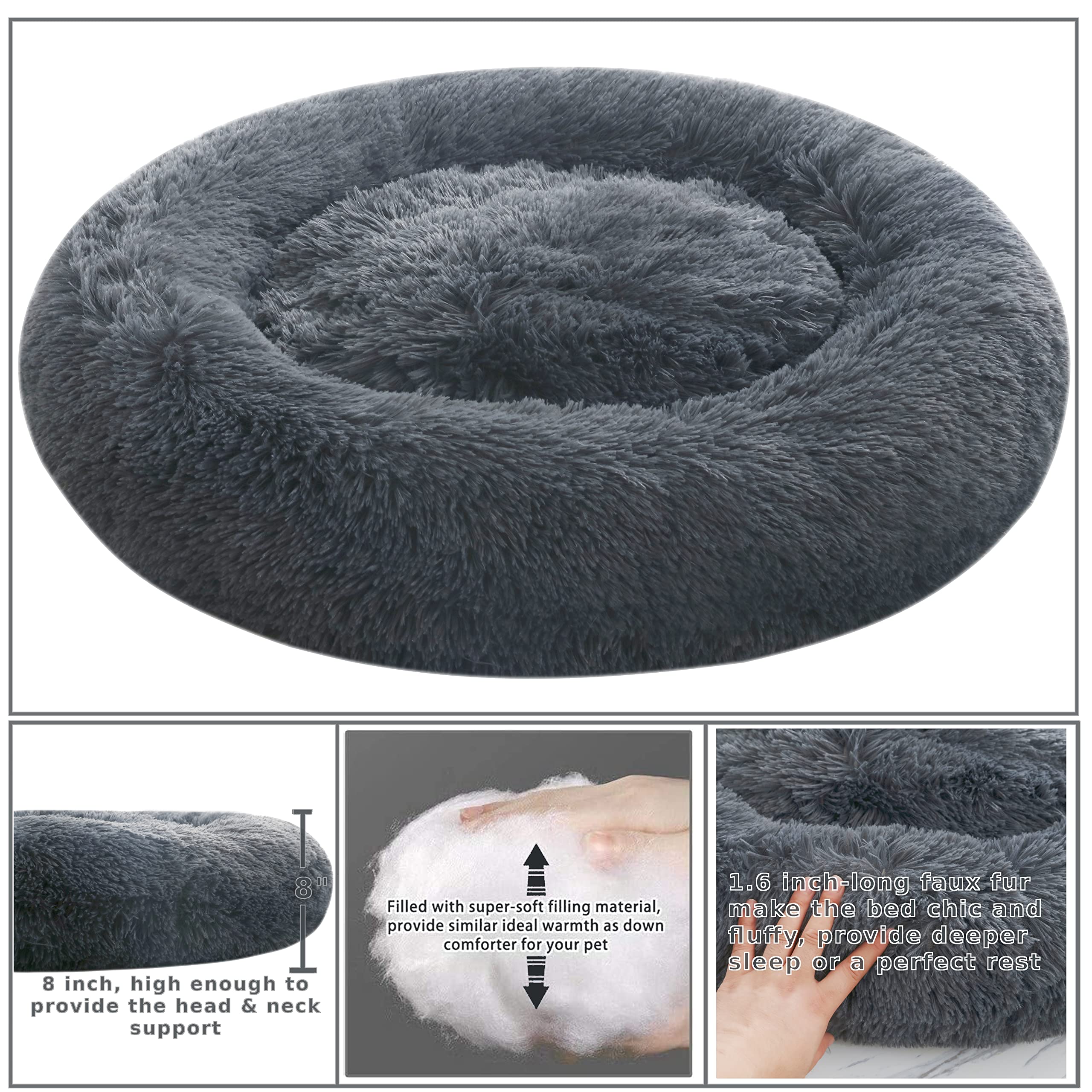 39 Inch Calming Donut Dog Bed - Round Anti-Anxiety Faux Fur Pet Cushion with Removable Washable Cover, Fluffy Comfy Furry Bed for Small to Large Dogs (Dark Grey) - Perfect for Anxiety Relief, Cuddling & Relaxation in Living Room or Bedroom