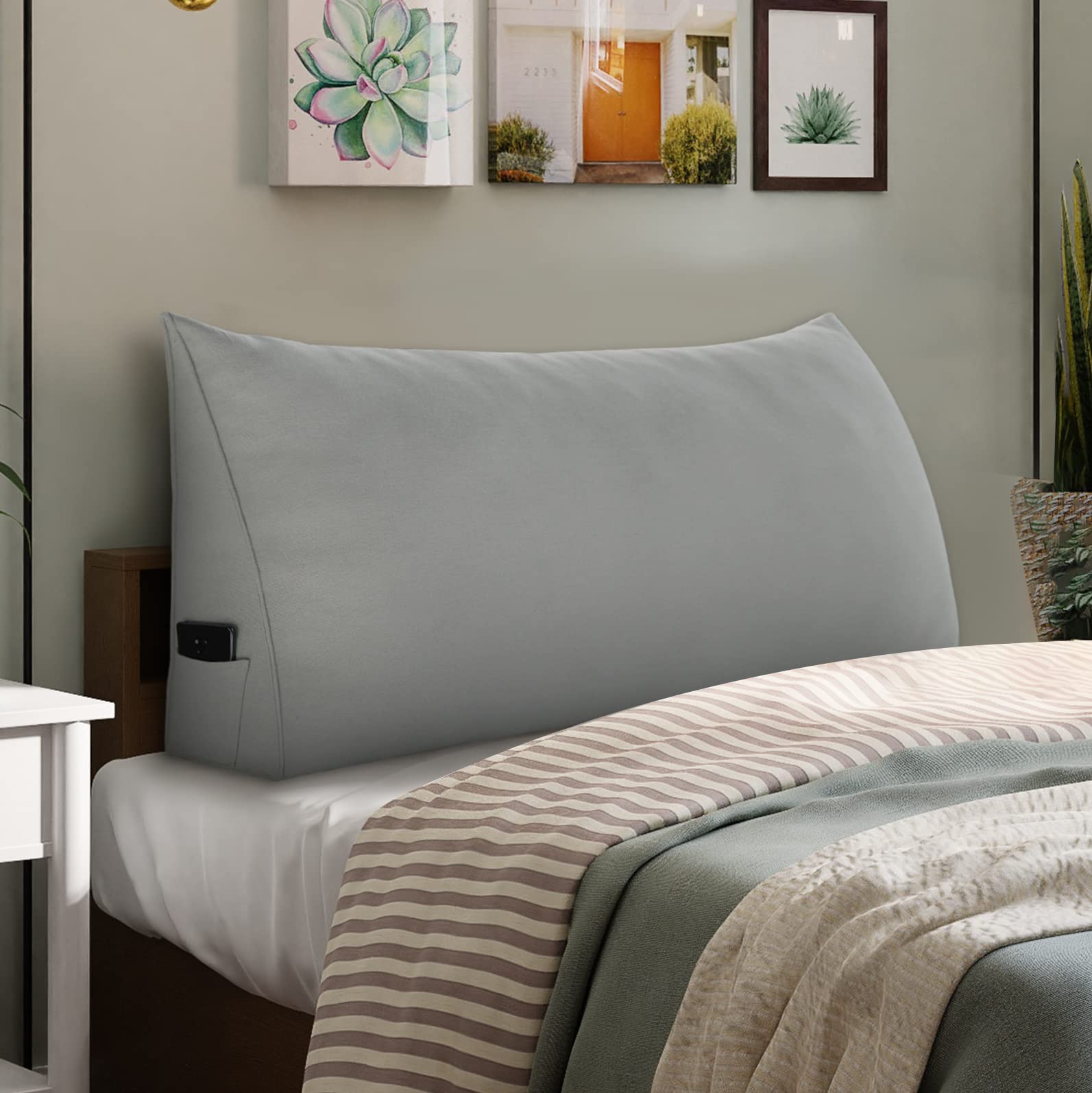 Johnear Triangular Headboard Pillow - Large Cotton Linen Wedge Pillow for Daybed & Sofa Support - Reading Backrest & Lumbar Cushion - Perfect for Bedroom, Living Room & Office (Gray, Twin Size)