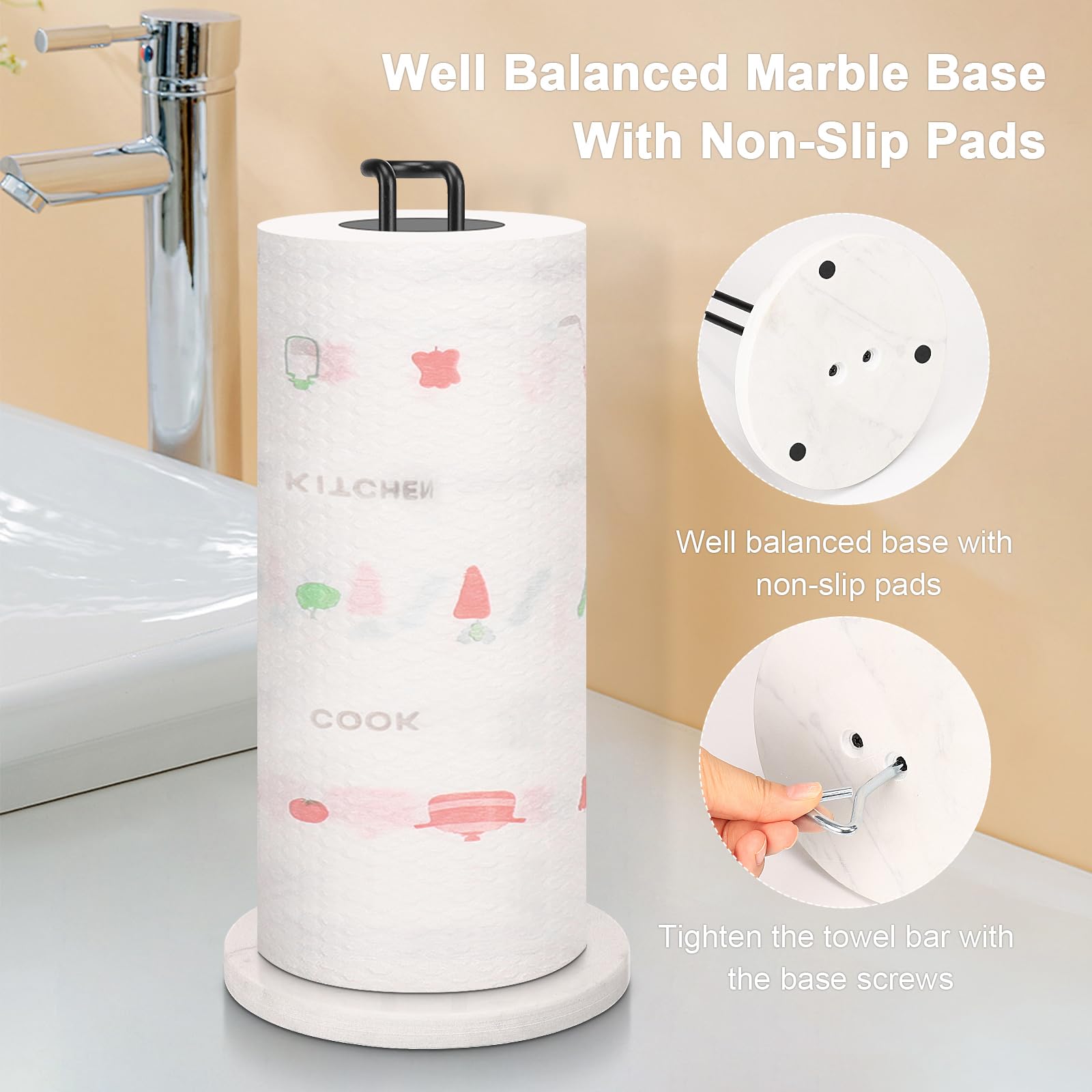 Premium Metal Paper Towel Holder with Marble Base - Sturdy Countertop Stand for Standard & Jumbo Rolls - Matte Black Kitchen Organizer for Farmhouse, Living Room & Office - Perfect for Easy Access While Cooking or Cleaning