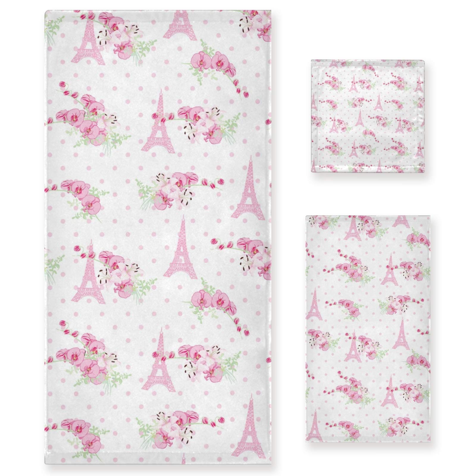 KFBE Pink Eiffel Tower 3-Piece Bath Towel Set - Floral Wave Point Design with Hand Towel & Washcloth | Ultra Soft Thin Face Towels for Bathroom Decor & Gift Giving (20804084) | Perfect for Paris-Themed Bathrooms, Bridal Showers & French-Inspired Home Decor