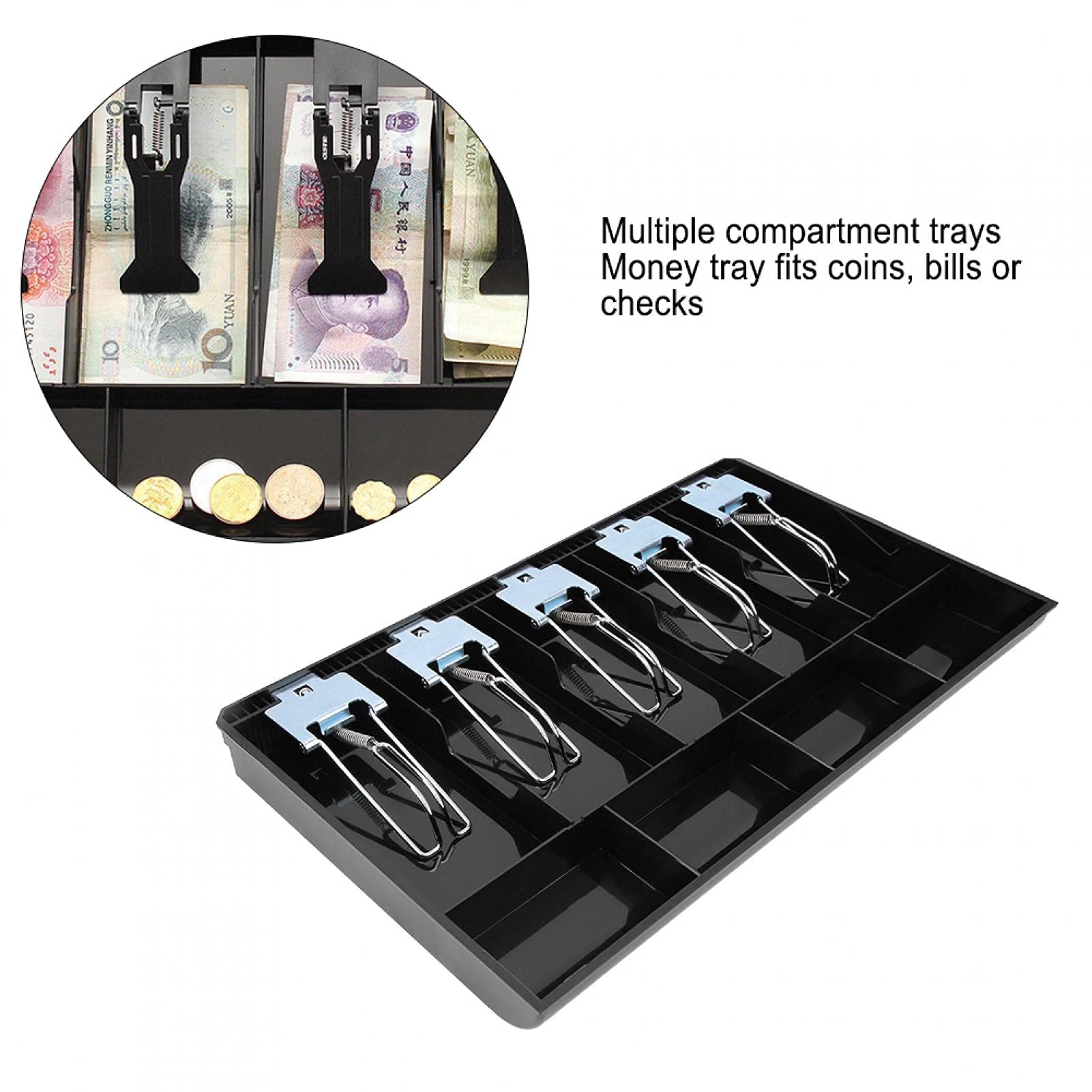 5-Compartment Metal Cash Drawer Register Box with Lock - Black Money Storage for Retail Stores, Restaurants & Small Businesses | Secure Currency Organizer for POS Systems & Cash Handling