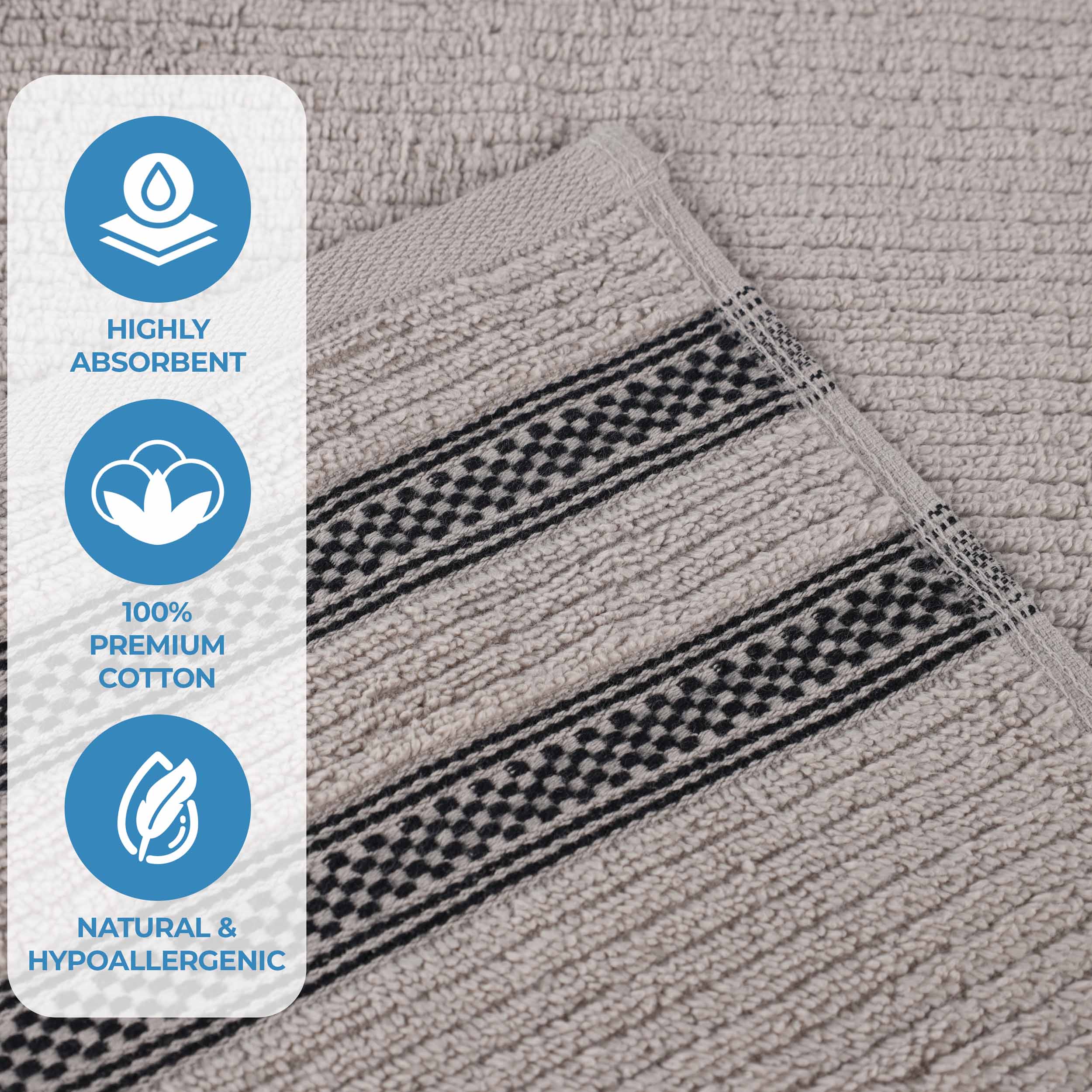 12-Pack Zero Twist Cotton Ribbed Geometric Border Plush Face Towels | Ultra Soft Bath & Hand Towels for Spa, Gym, Travel & Home Use