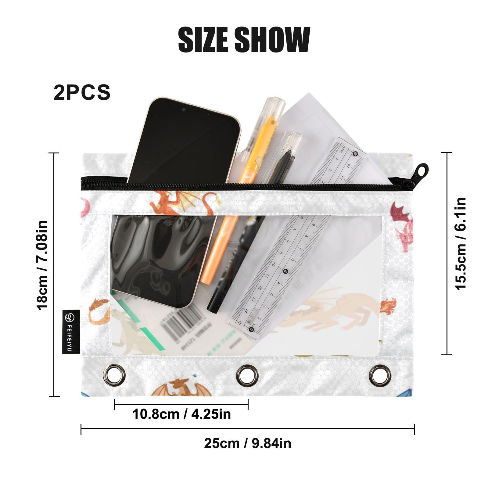 Cute Dragon Pencil Pouch for 3-Ring Binder - 2 Pack with Clear Window - Perfect for School & Office Supplies