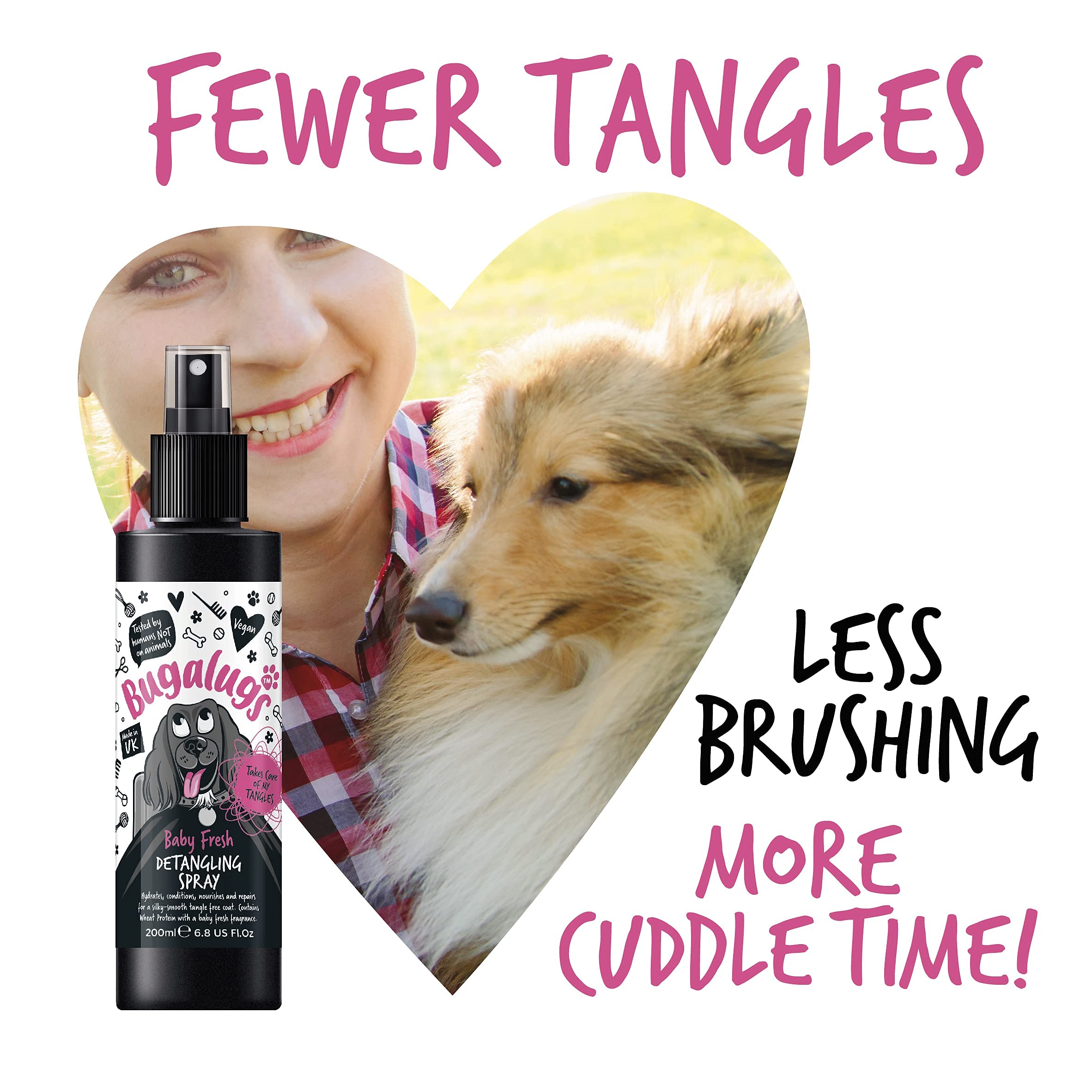 BUGALUGS Baby Fresh Dog Detangler Spray - 200ml Professional Dog Grooming Spray with Baby Powder Scent | Tangle-Free Hair Conditioner for Puppies & Dogs | Perfect for Daily Grooming, Show Prep & Post-Bath Care