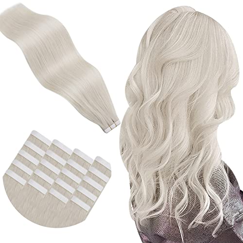 Hetto Blonde Hair Tape in Extensions - 100% Human Hair Invisible Tape Extensions, Silky Straight Real Hair Extensions #60 White Blonde, 16 Inch 50g (20pcs) - Skin Weft Glue-in for Natural Look | Perfect for Daily Wear, Parties & Special Occasions