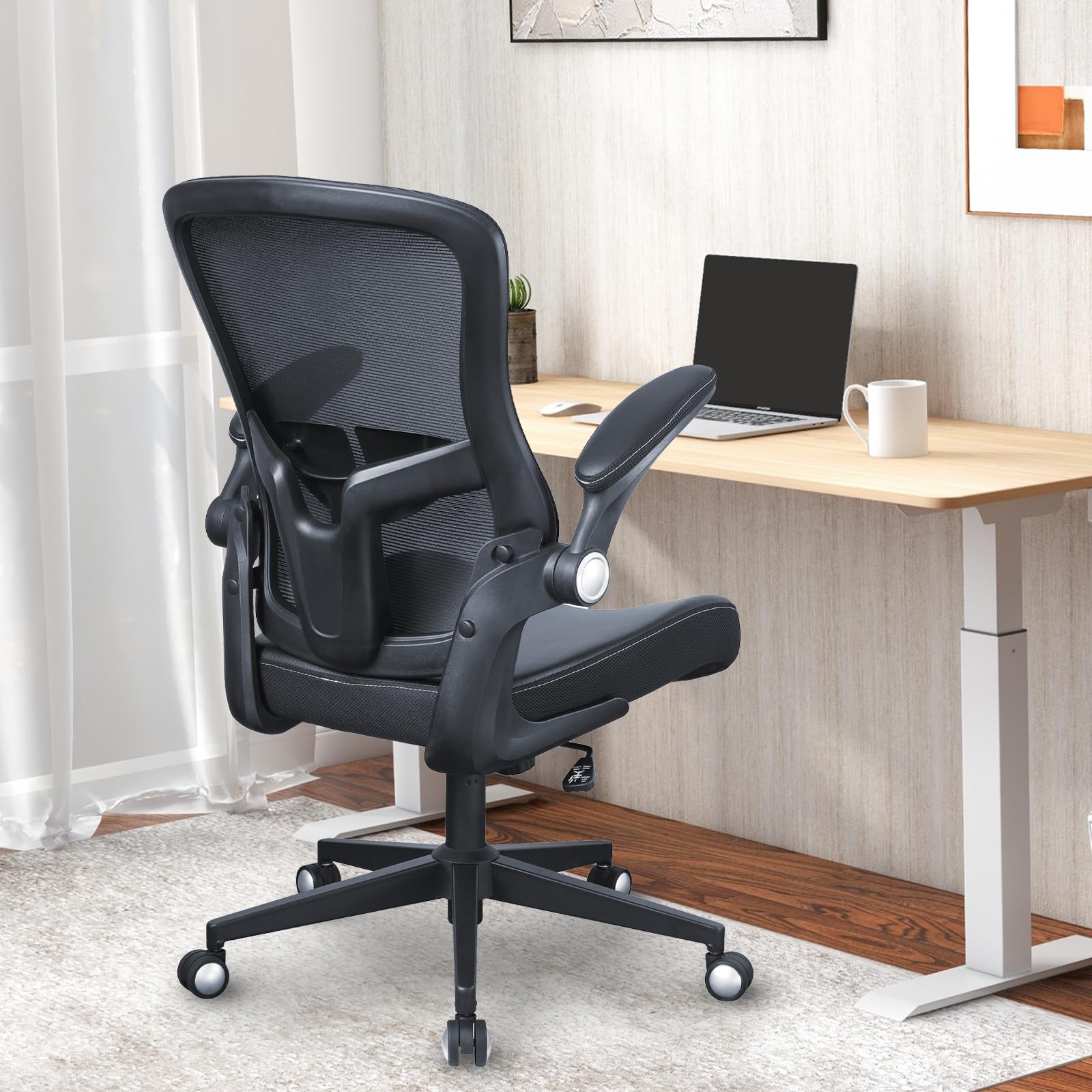 Ergonomic Office Chair with PU Leather Cushion - 350lbs Weight Capacity, Adjustable Seat Height & Lumbar Support, Flip-Up Arms - Perfect for Home Office, Gaming & Workspace Comfort