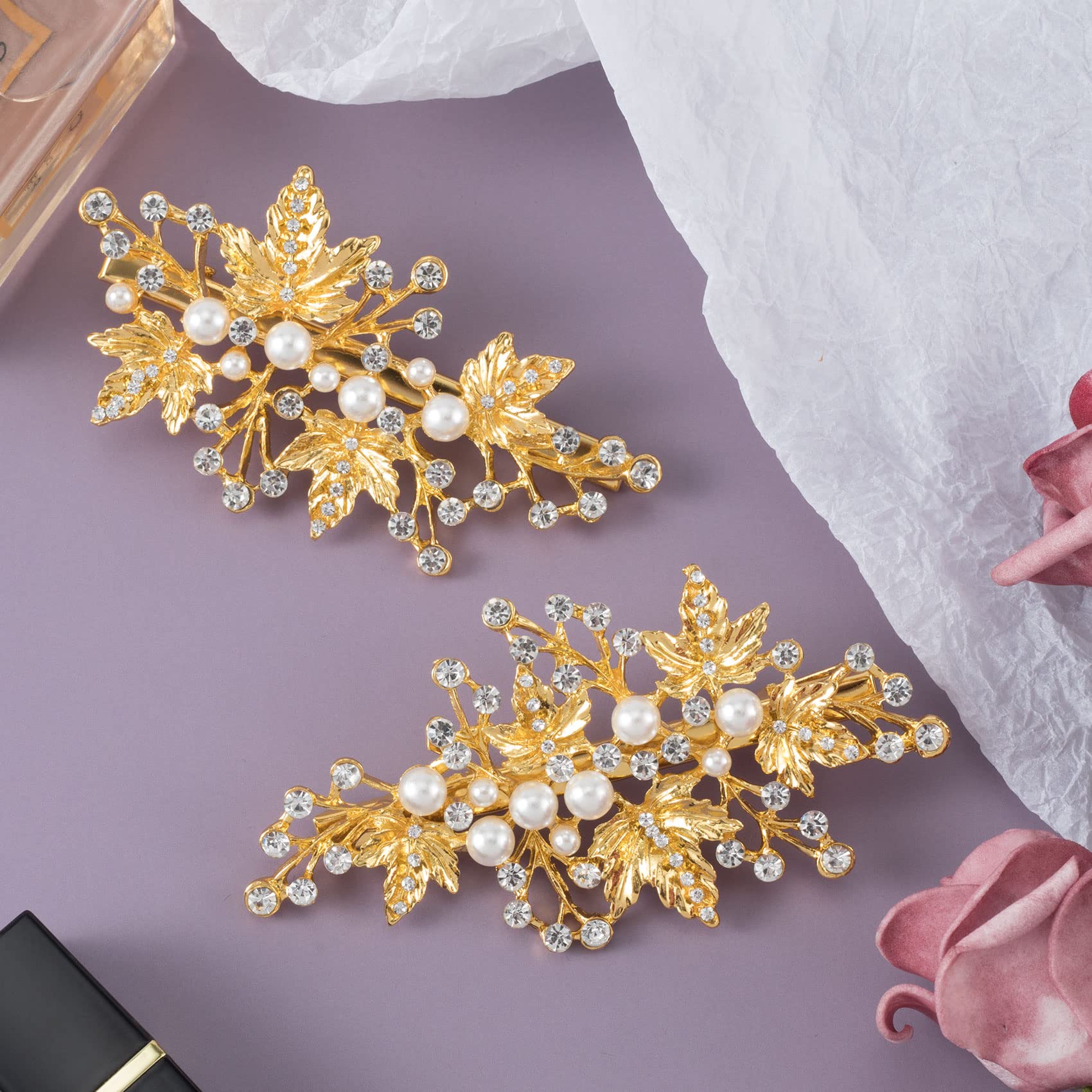 PAGOW 2Pcs Rhinestone Pearl Hair Clips - Gold Leaf Crystal Flower Wedding Headpiece for Brides, Women & Girls | Perfect for Bridal Showers, Weddings, Prom & Special Occasions