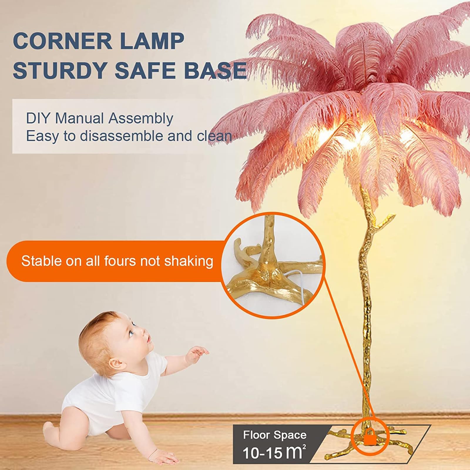 Natural Ostrich Feather Floor Lamp - Modern LED Dimmable Standing Light with Adjustable Brightness, Romantic Princess Style Bedroom Reading Lamp, Tall Corner Light for Living Room, Dining Room & Office (120cm, Pink) | Perfect for Cozy Nights, Home Decor & Ambient Lighting