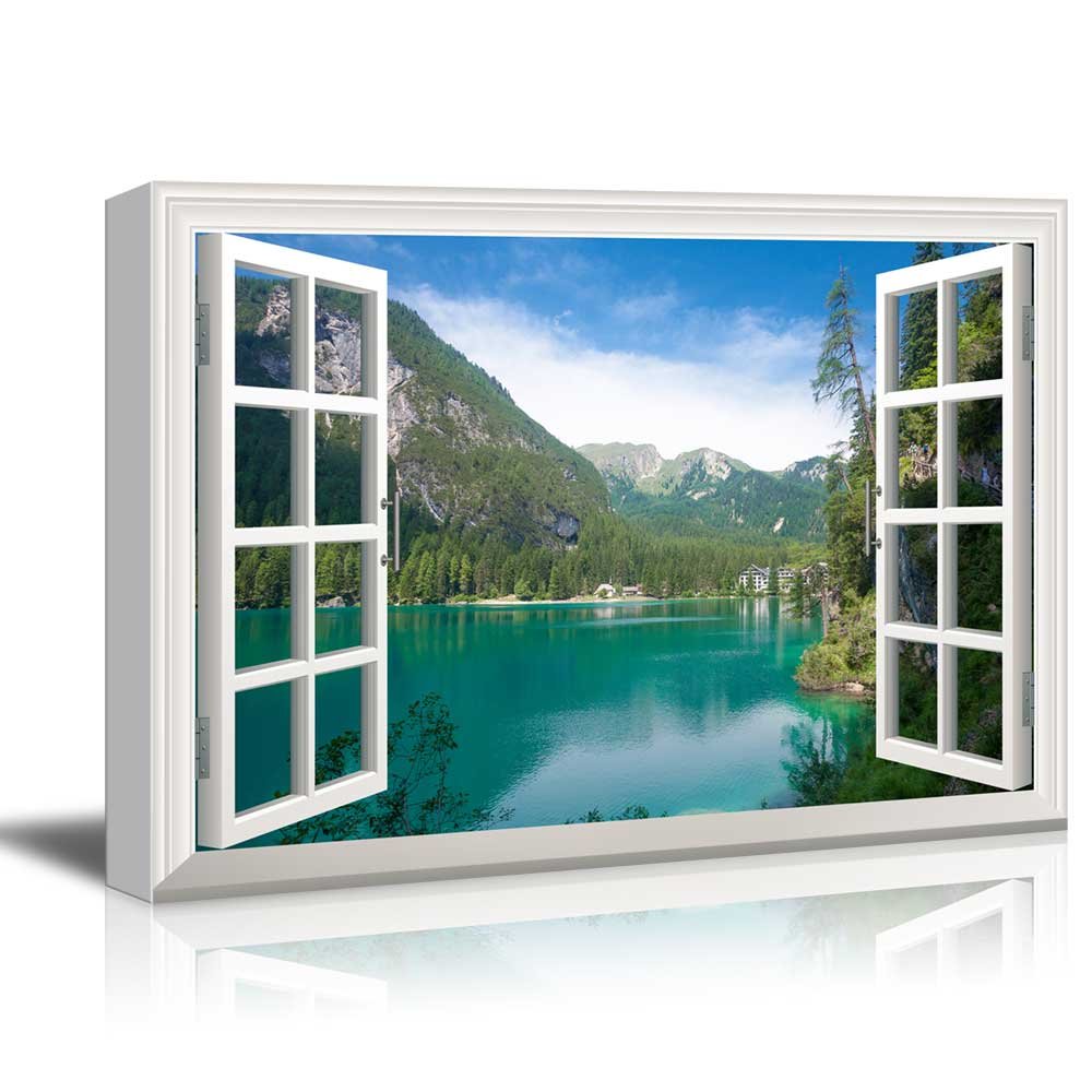 32x48 Inches Window View Nature Landscape Canvas Print - Lake & Forest Mountain Scenery Wall Art for Living Room, Bedroom, or Office Decor