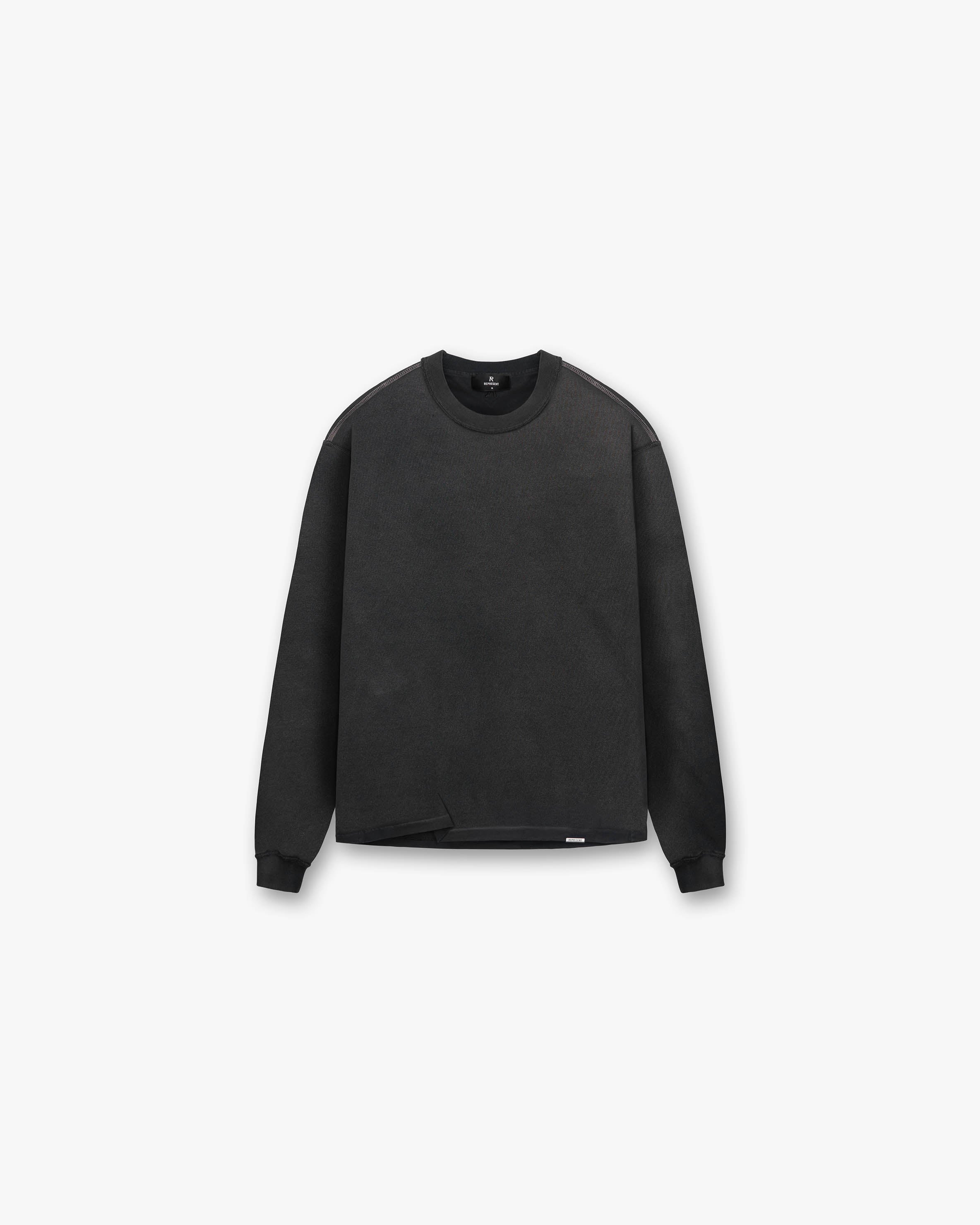 Heavyweight Initial Long Sleeve T-Shirt for Men - Stained Black Vintage Style Cotton Tee | Casual Wear, Street Fashion, Layering Essential