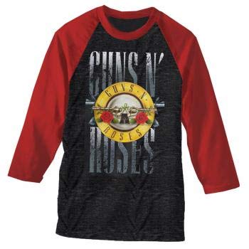 Bravado Guns N' Roses Stack Logo Raglan T-Shirt - Heather Charcoal & Red - X-Large Size | Vintage Band Tee for Concerts, Casual Wear & Rock Music Fans