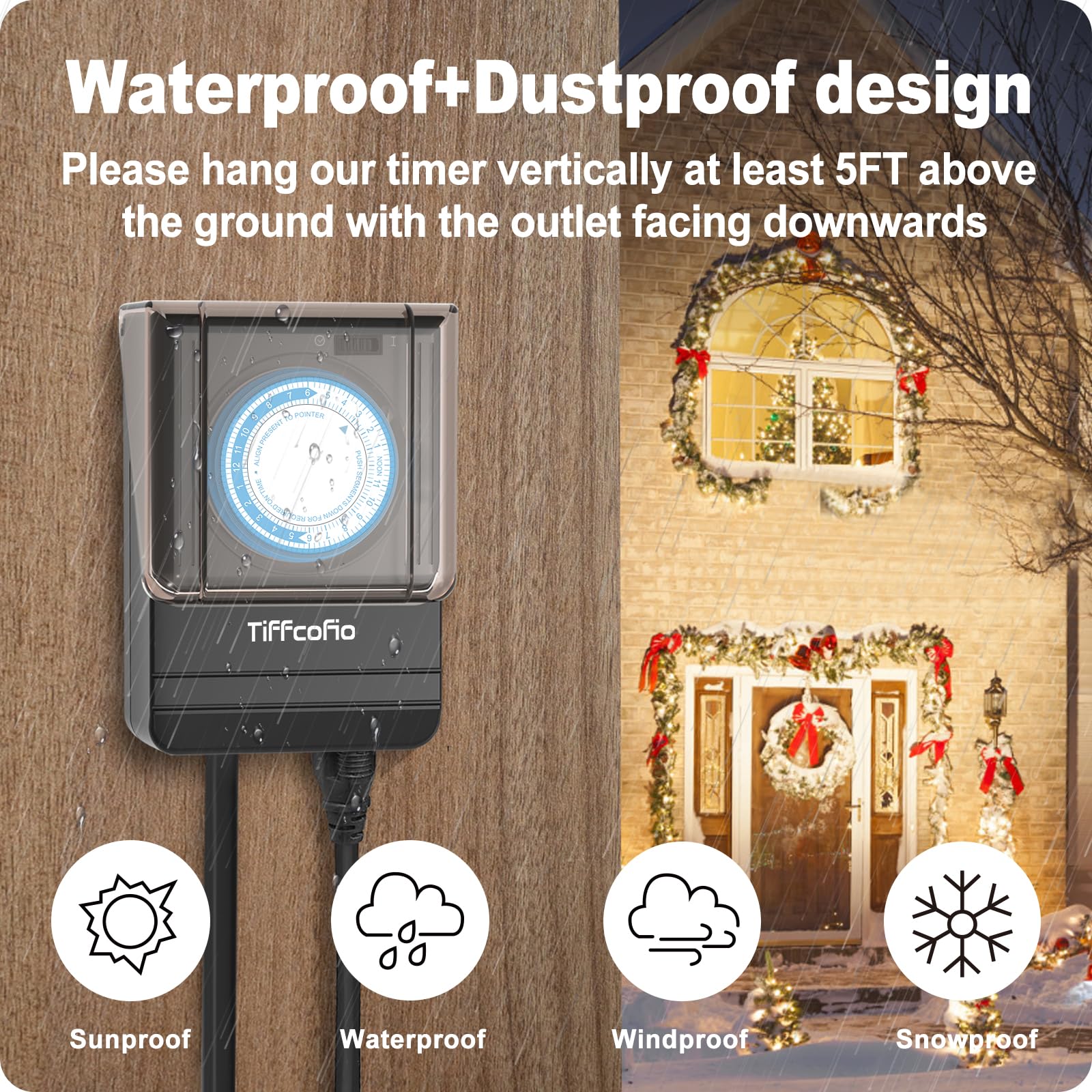 Heavy Duty Outdoor Mechanical Timer - Waterproof 24-Hour Pool Pump Timer with 15 Minute Intervals, 2FT Cord & Grounded Outlet (15A/1875W) - Perfect for Outdoor Lights, Pools, Sprinklers & Garden Irrigation Systems
